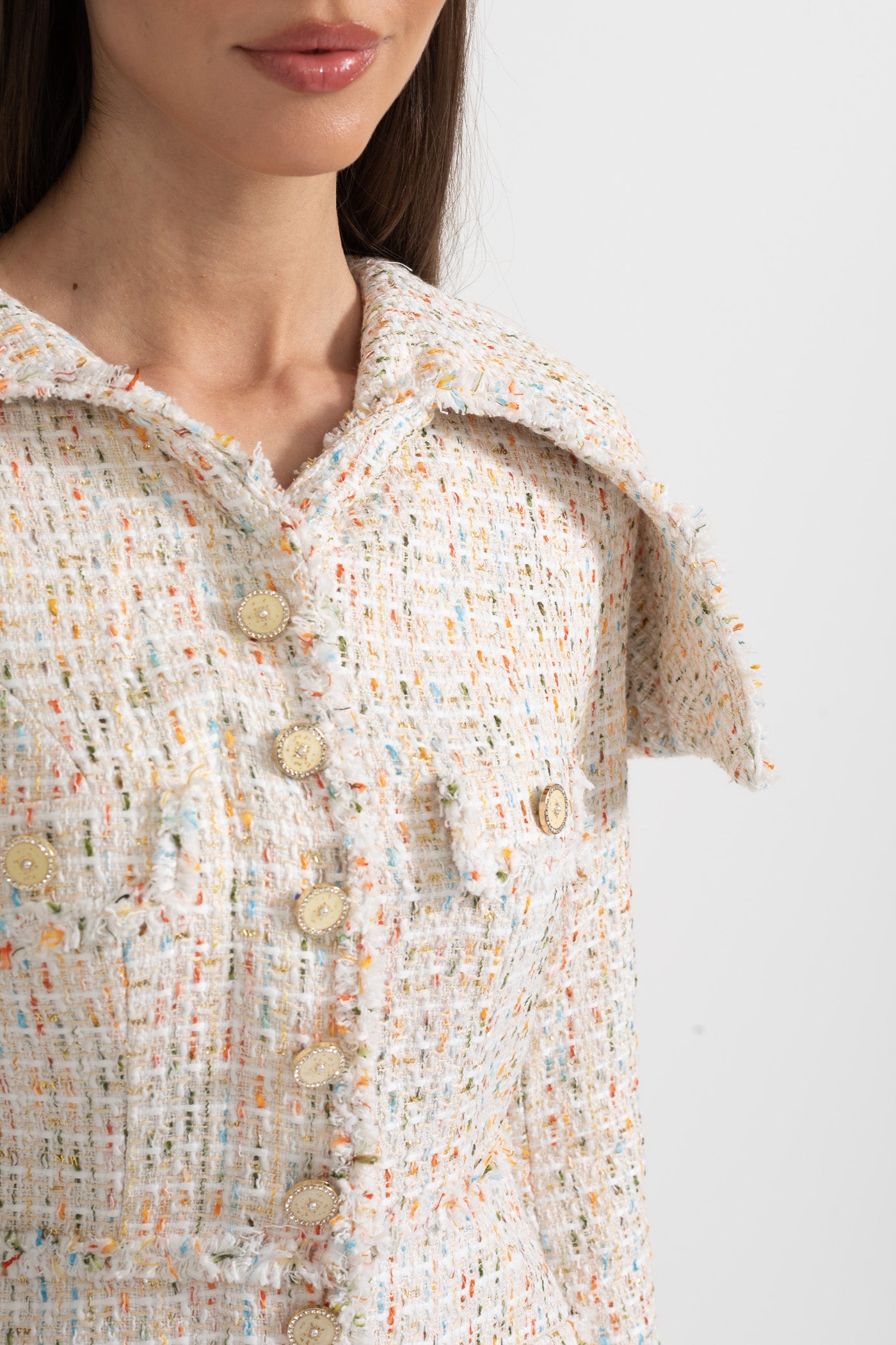 Long Sleeved Textured Tweed Dress With Distinctive Large Shoulder Flaps - Ivoire