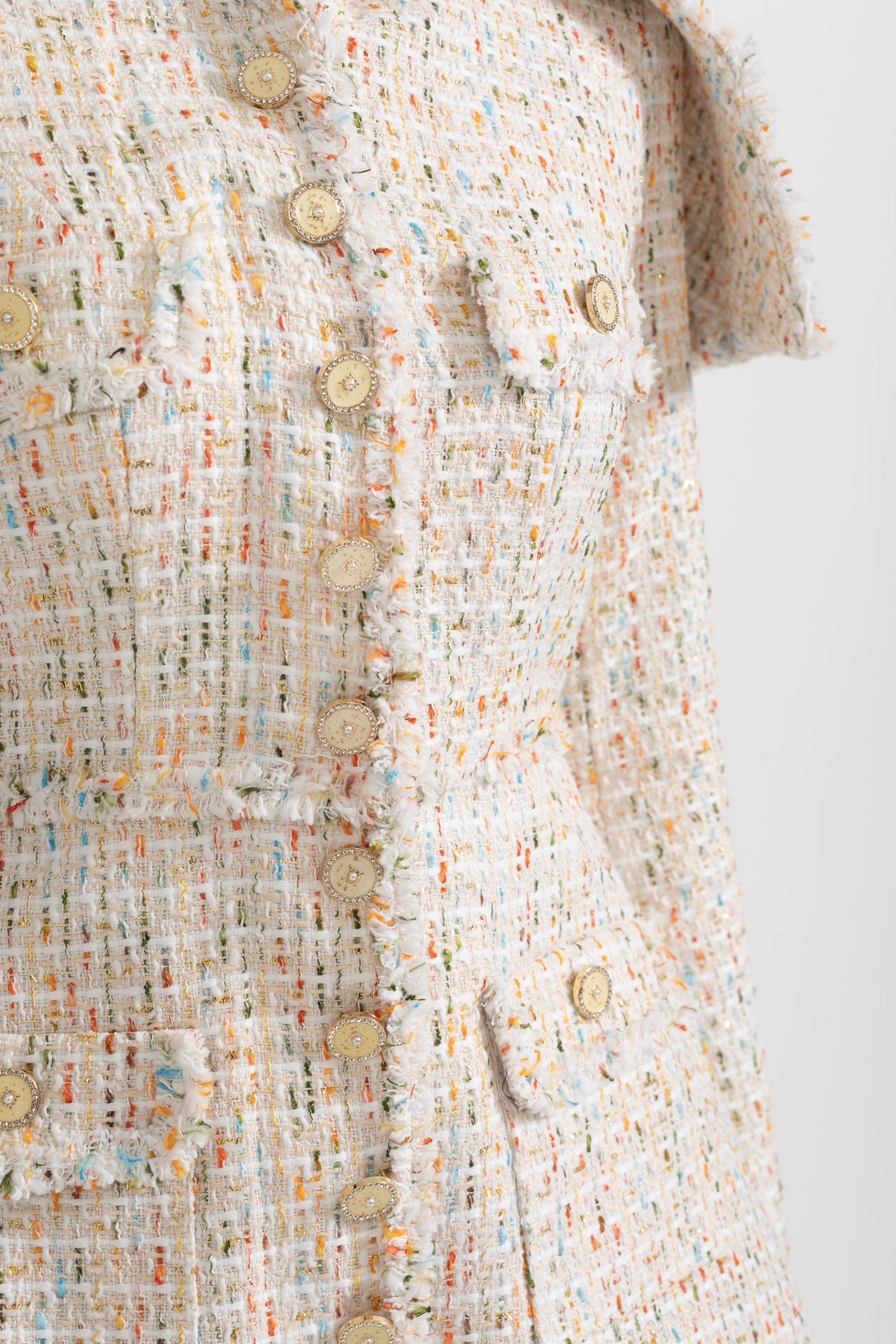 Long Sleeved Textured Tweed Dress With Distinctive Large Shoulder Flaps - Ivoire