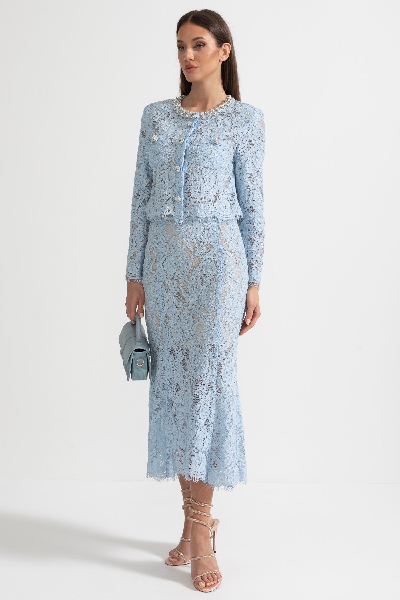 Lace Co-Ord With Sparkling Neckline Embellishments And Midi Skirt - Blue
