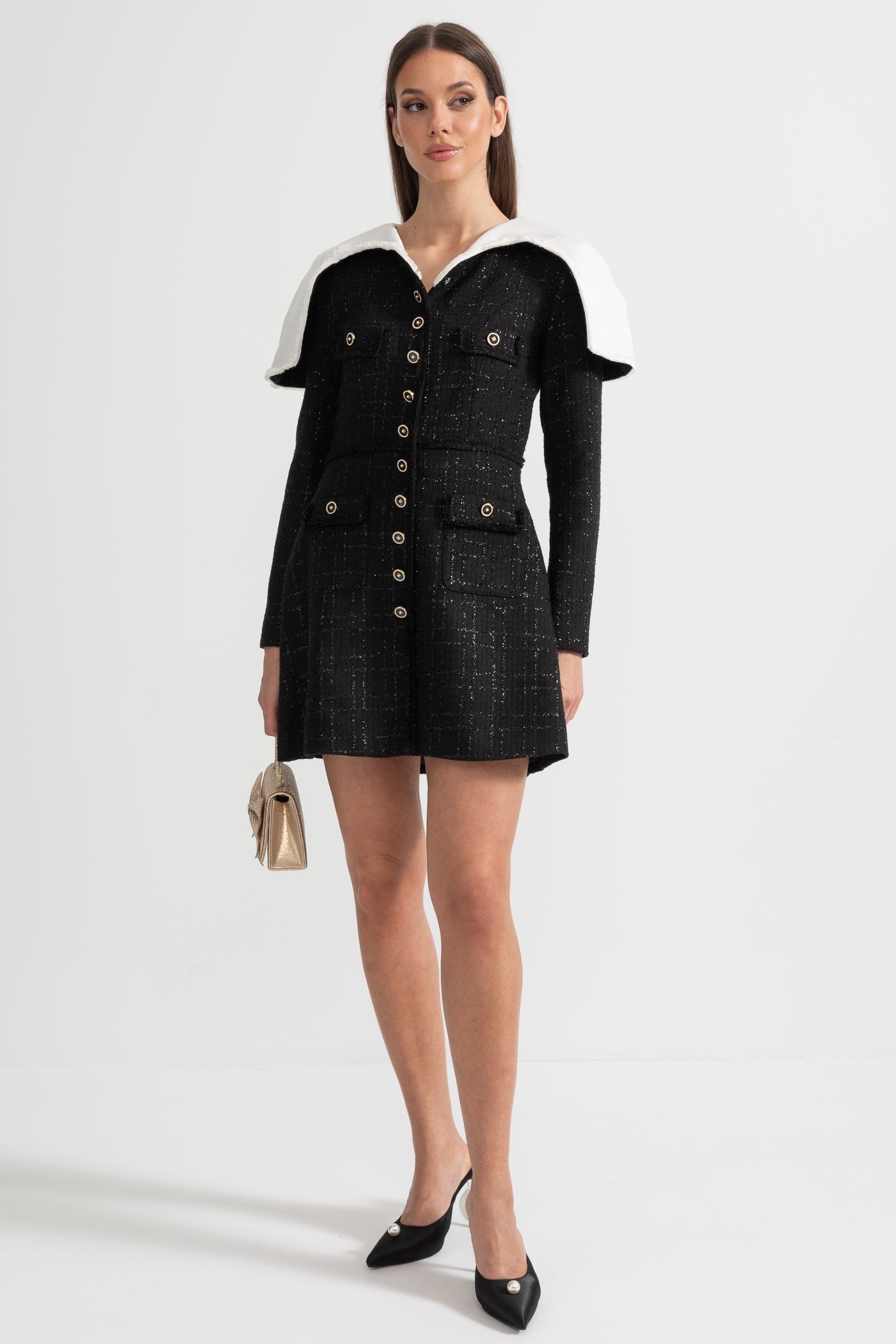 Robe en tweed texturé à manches longues avec grandes pattes d'épaule distinctives - Noir 