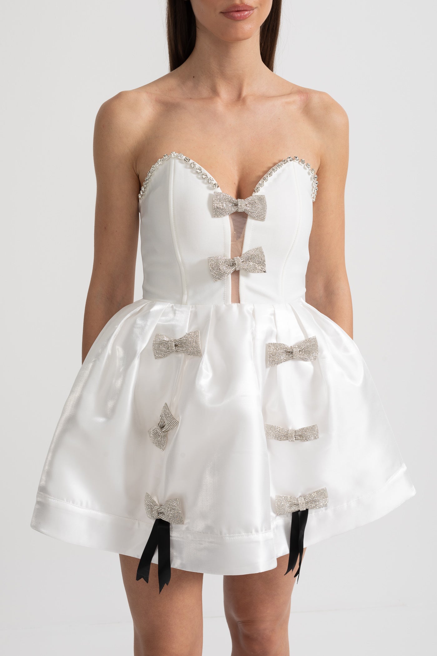 Robe Mini Bustier avec Ornements en Nœud de Cristal - Blanc 