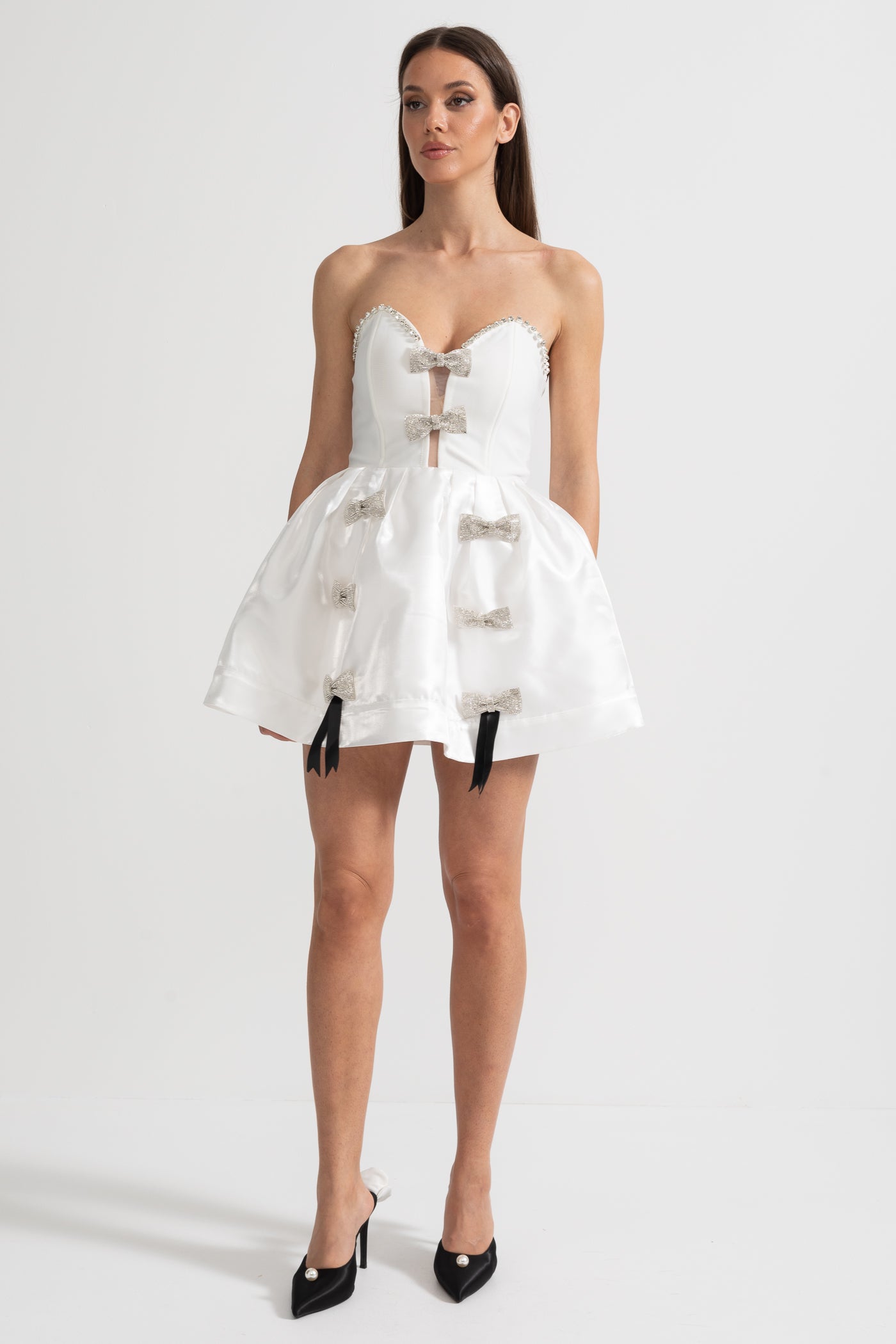 Robe Mini Bustier avec Ornements en Nœud de Cristal - Blanc 