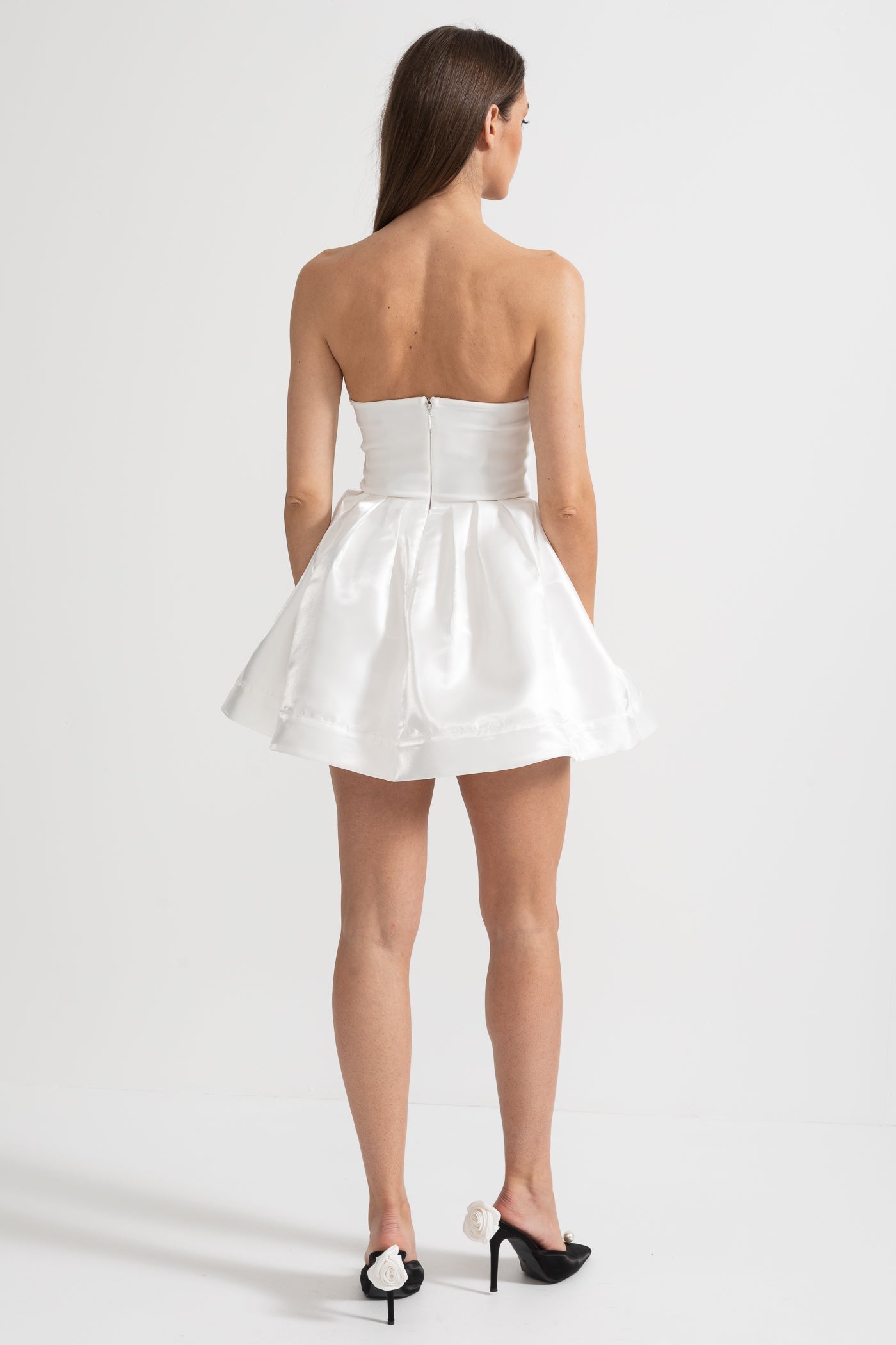 Robe Mini Bustier avec Ornements en Nœud de Cristal - Blanc 