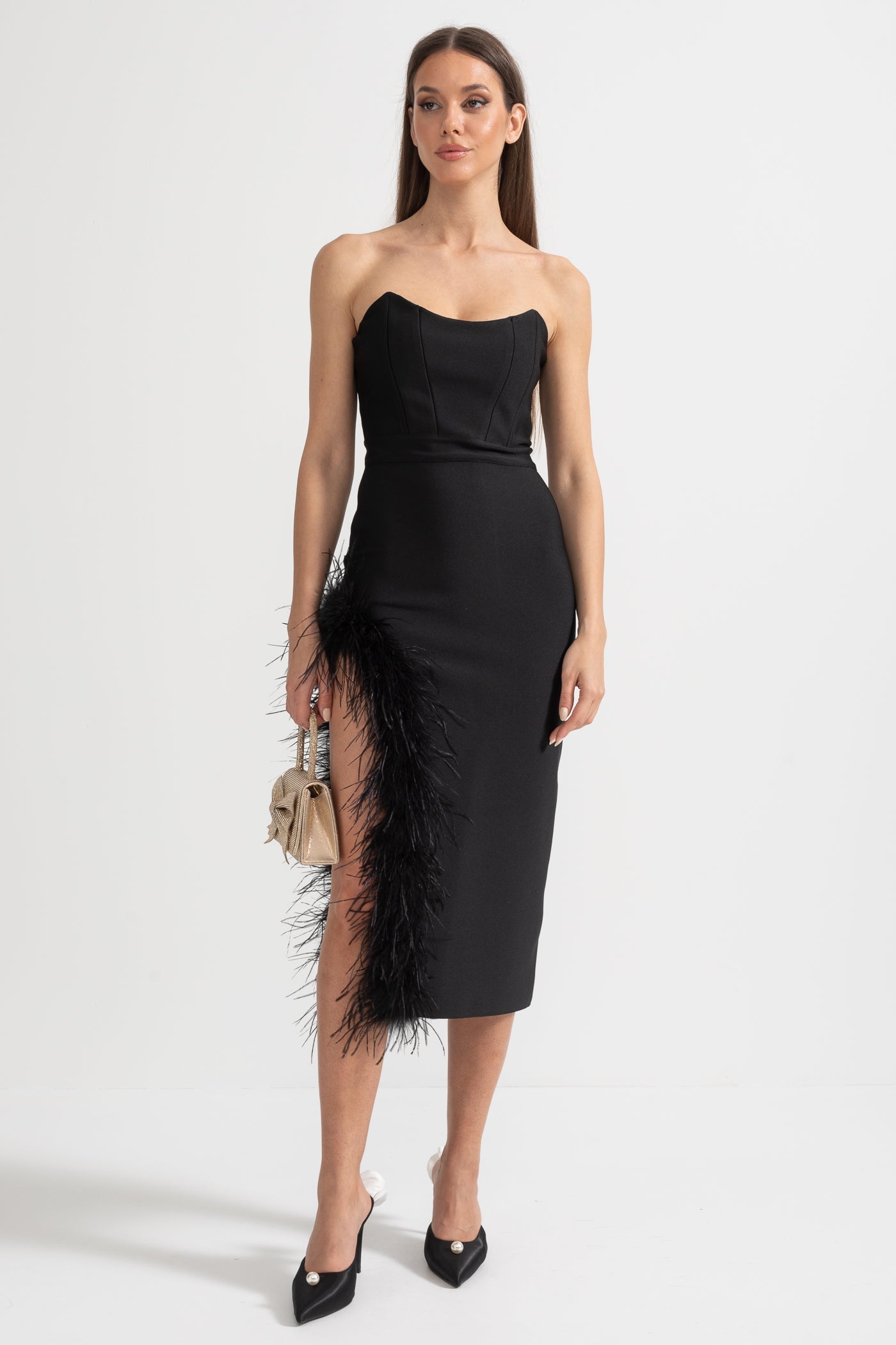 Strapless Feather-Trimmed Dress With Fitted Bodice And Asymmetrical Hemline - Black
