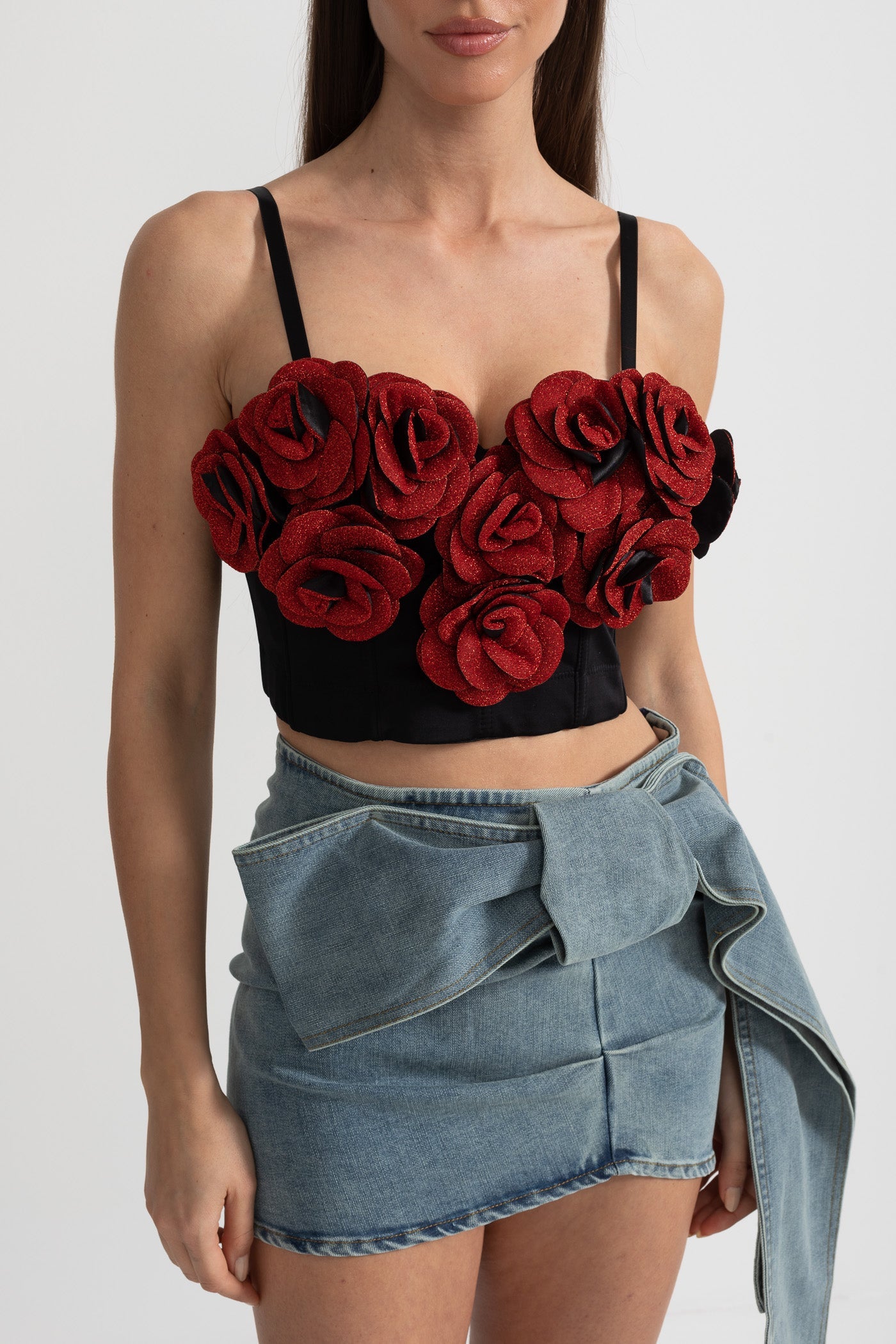 Top corset avec appliqués roses rouges 3D - Noir 