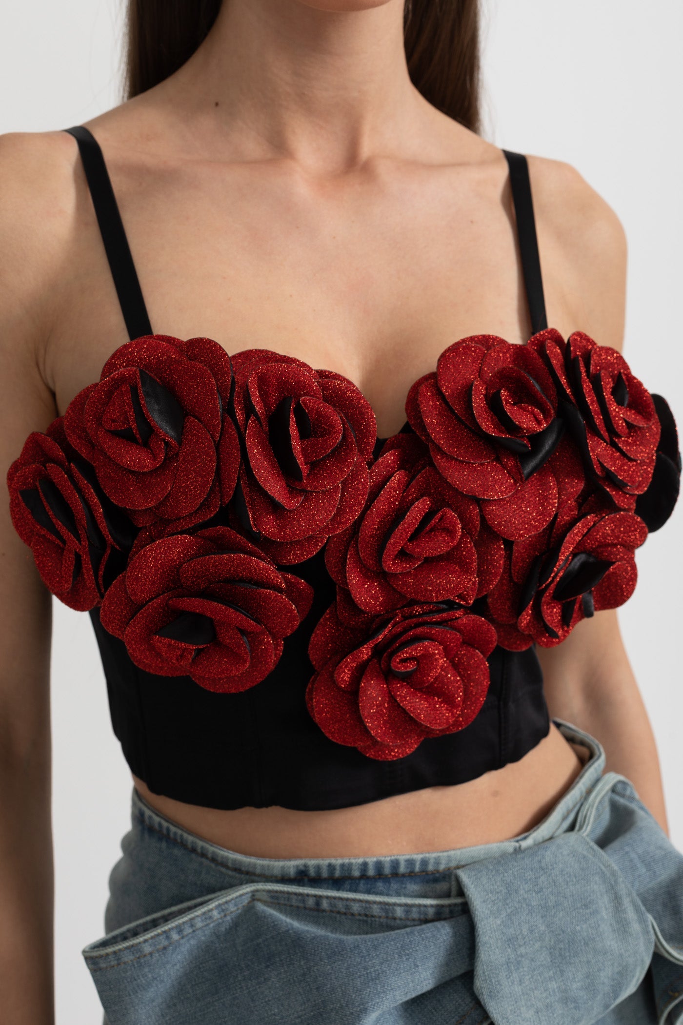 Top corset avec appliqués roses rouges 3D - Noir 