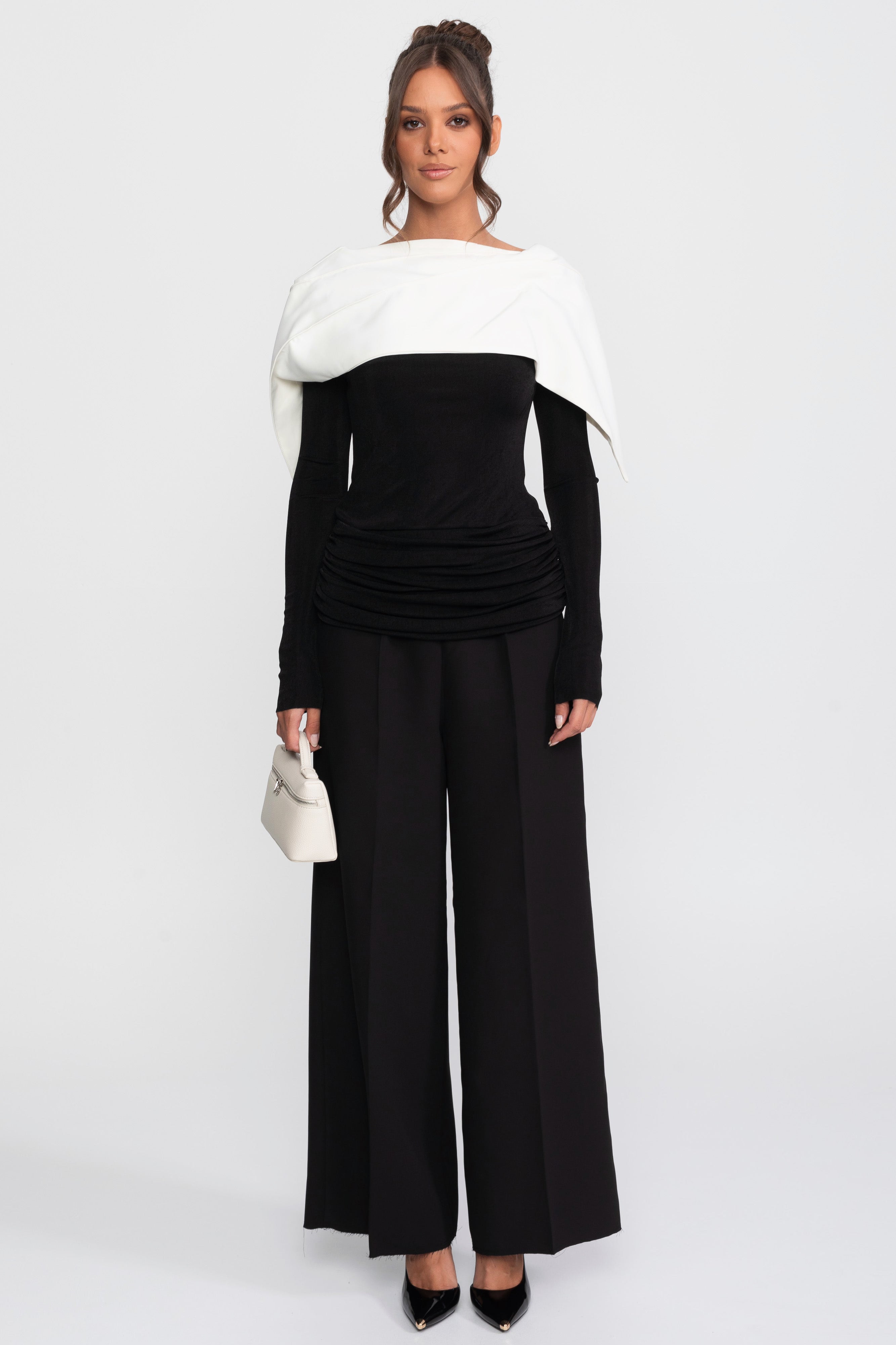 Top portefeuille froncé avec cape contrastante et ensemble pantalon - Noir 
