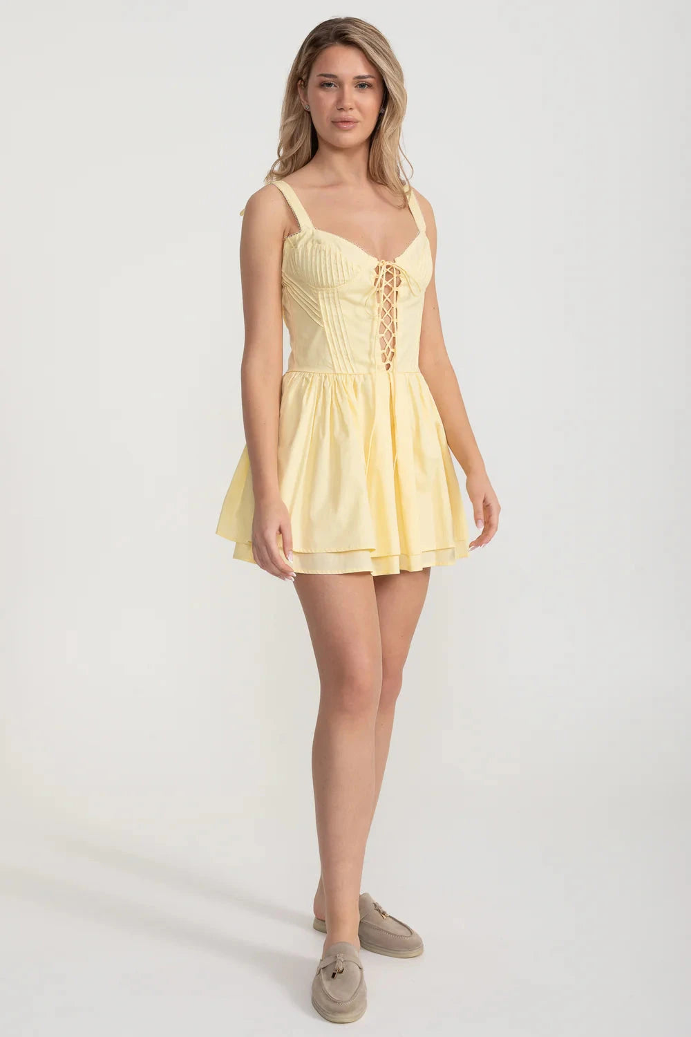 Corset Style Sleeveless Dress With Lace-Up Front Detailing - Yellow