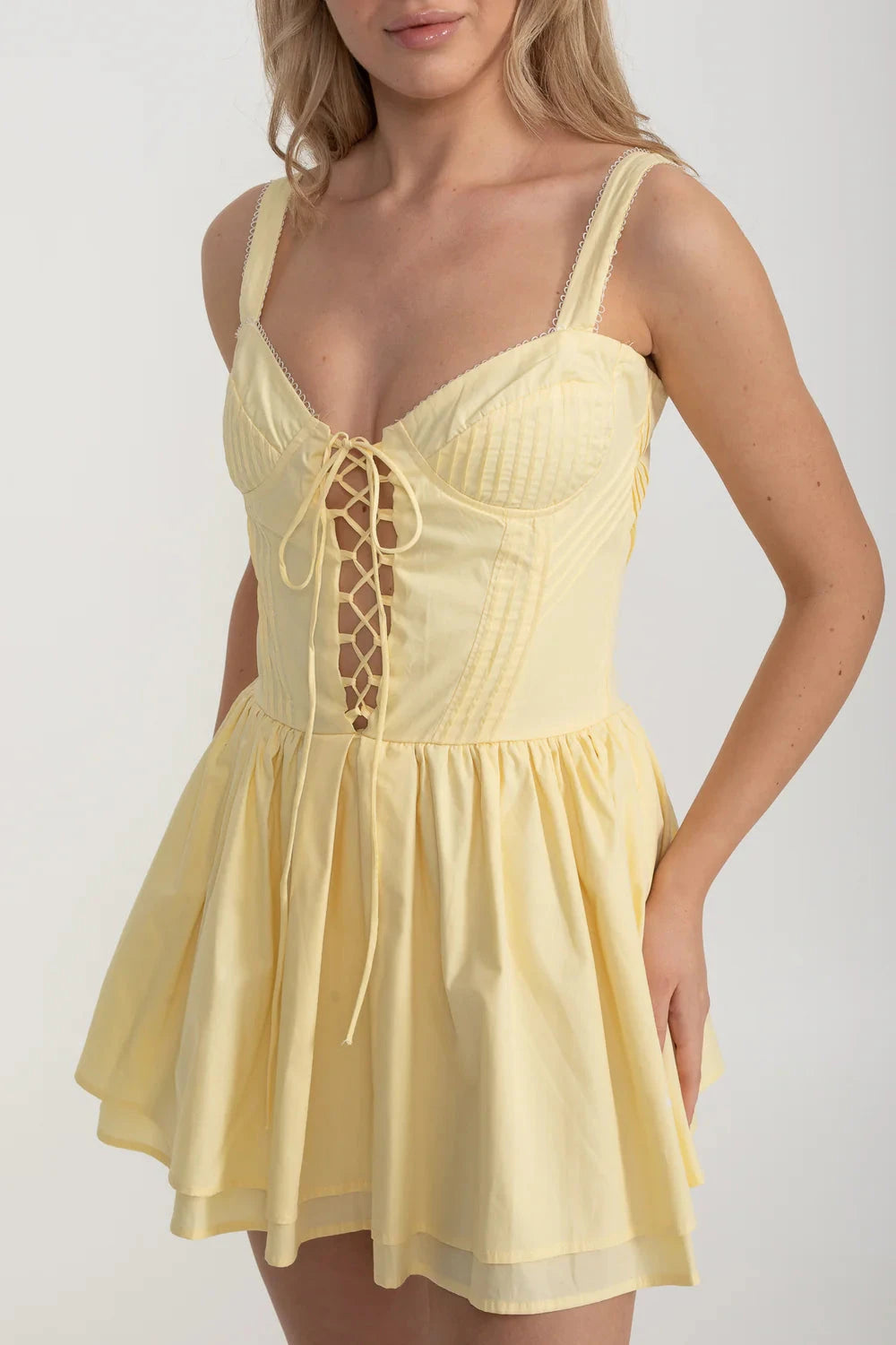 Corset Style Sleeveless Dress With Lace-Up Front Detailing - Yellow