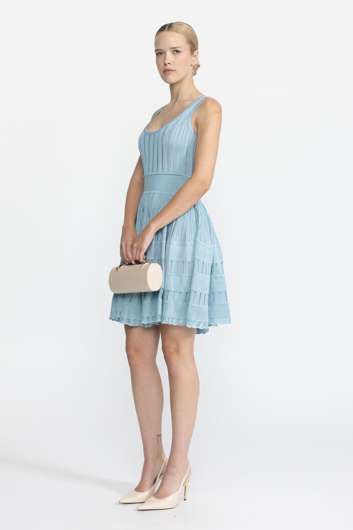 Ensemble cardigan cropped en maille pointelle côtelée et robe patineuse - bleu clair 