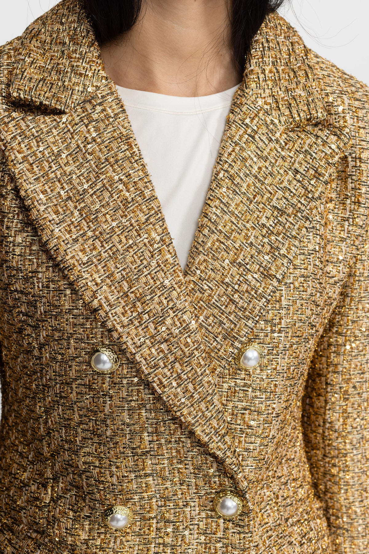Blazer croisé en tweed métallisé à boutons perlés - Or 