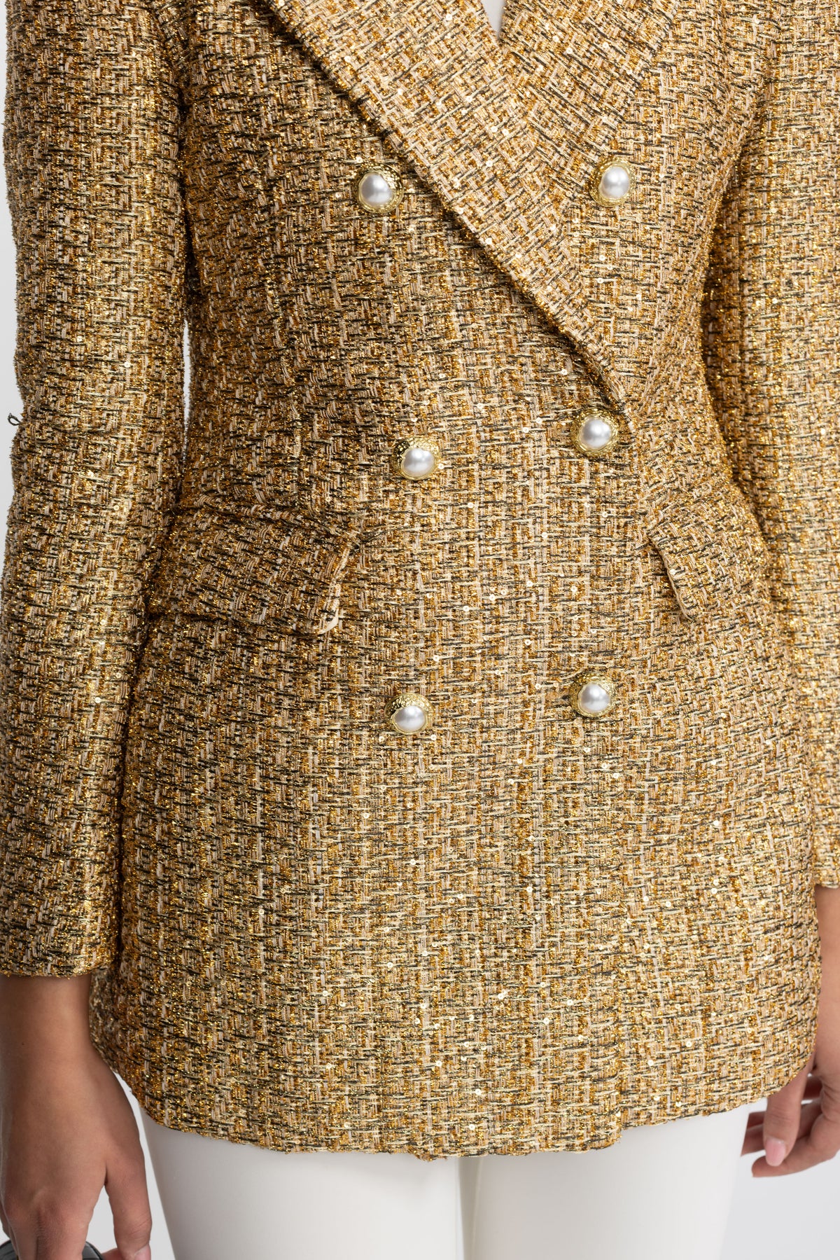 Blazer croisé en tweed métallisé à boutons perlés - Or 