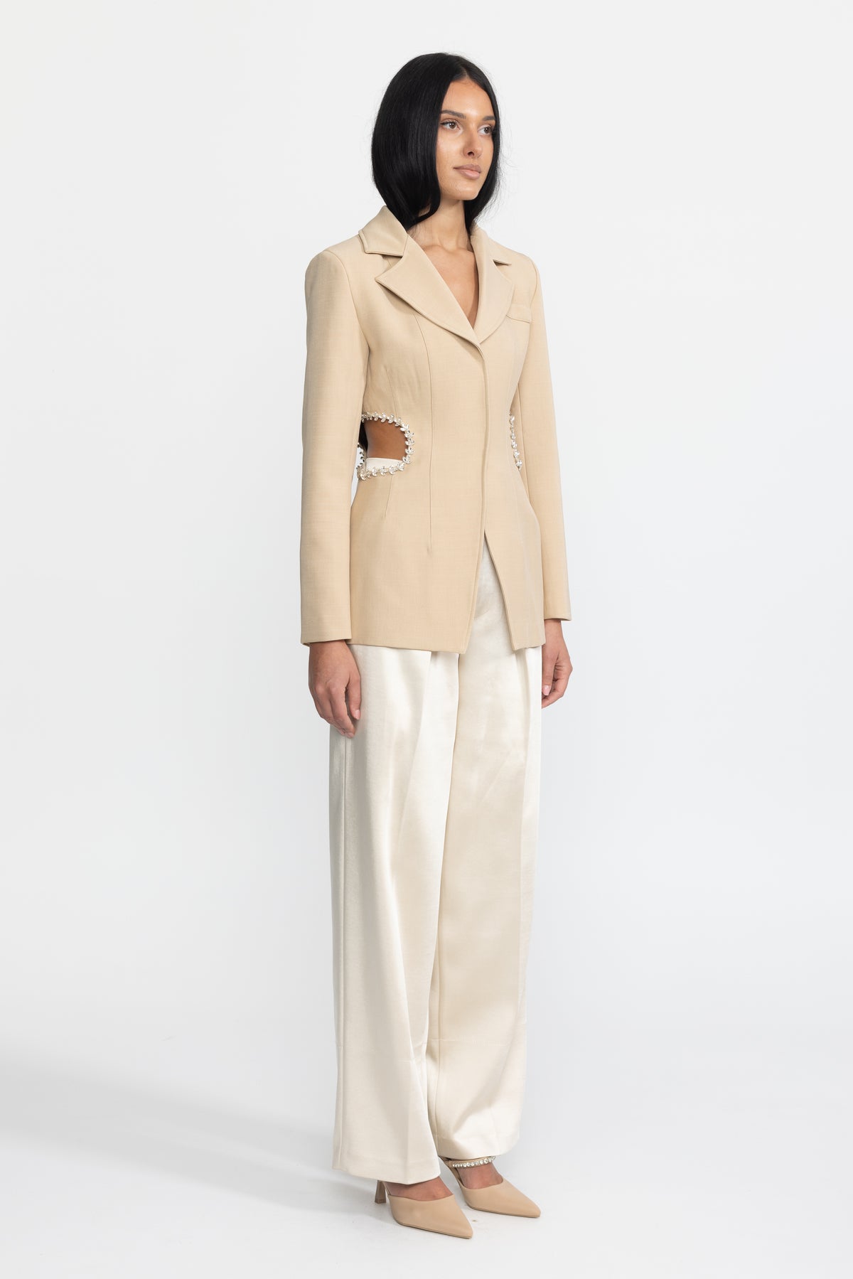 Blazer tailleur à taille ajourée et finitions cristal - Beige 