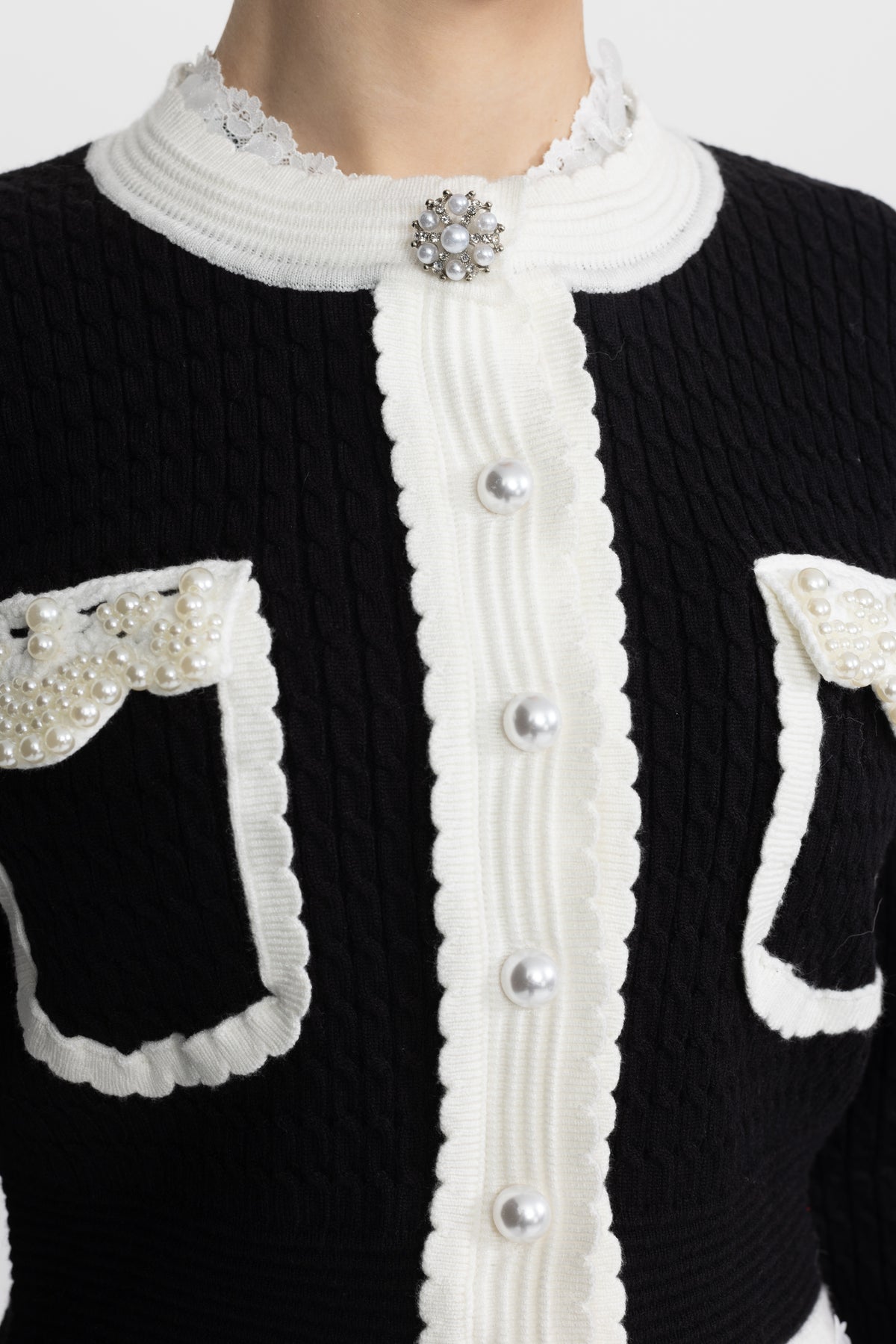 Pearl Embellished Contrast Trim Cable Knit Cropped Cardigan - Black