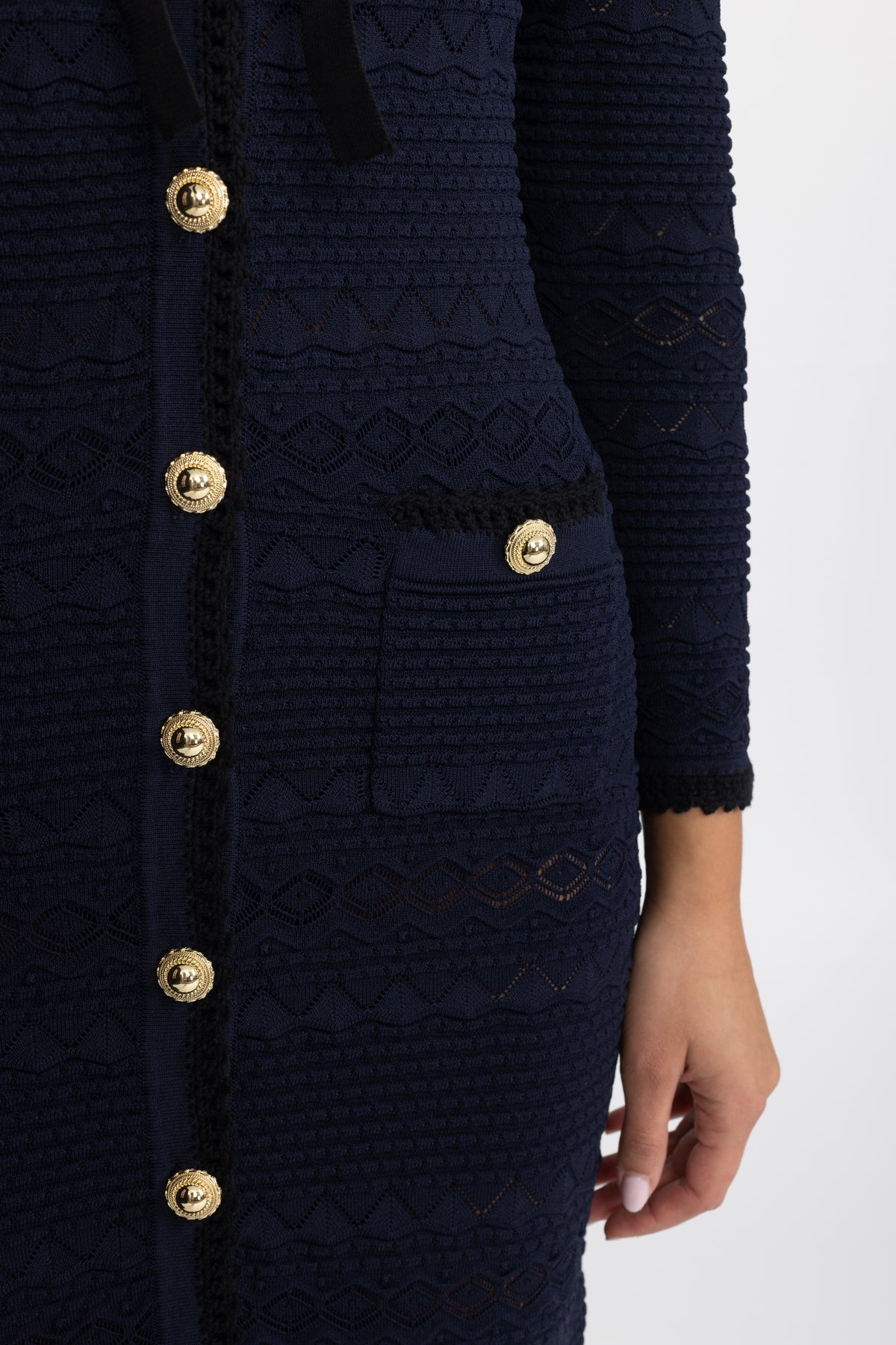 Crochet Trim Knit Button Midi Dress with Flower Brooch - Navy