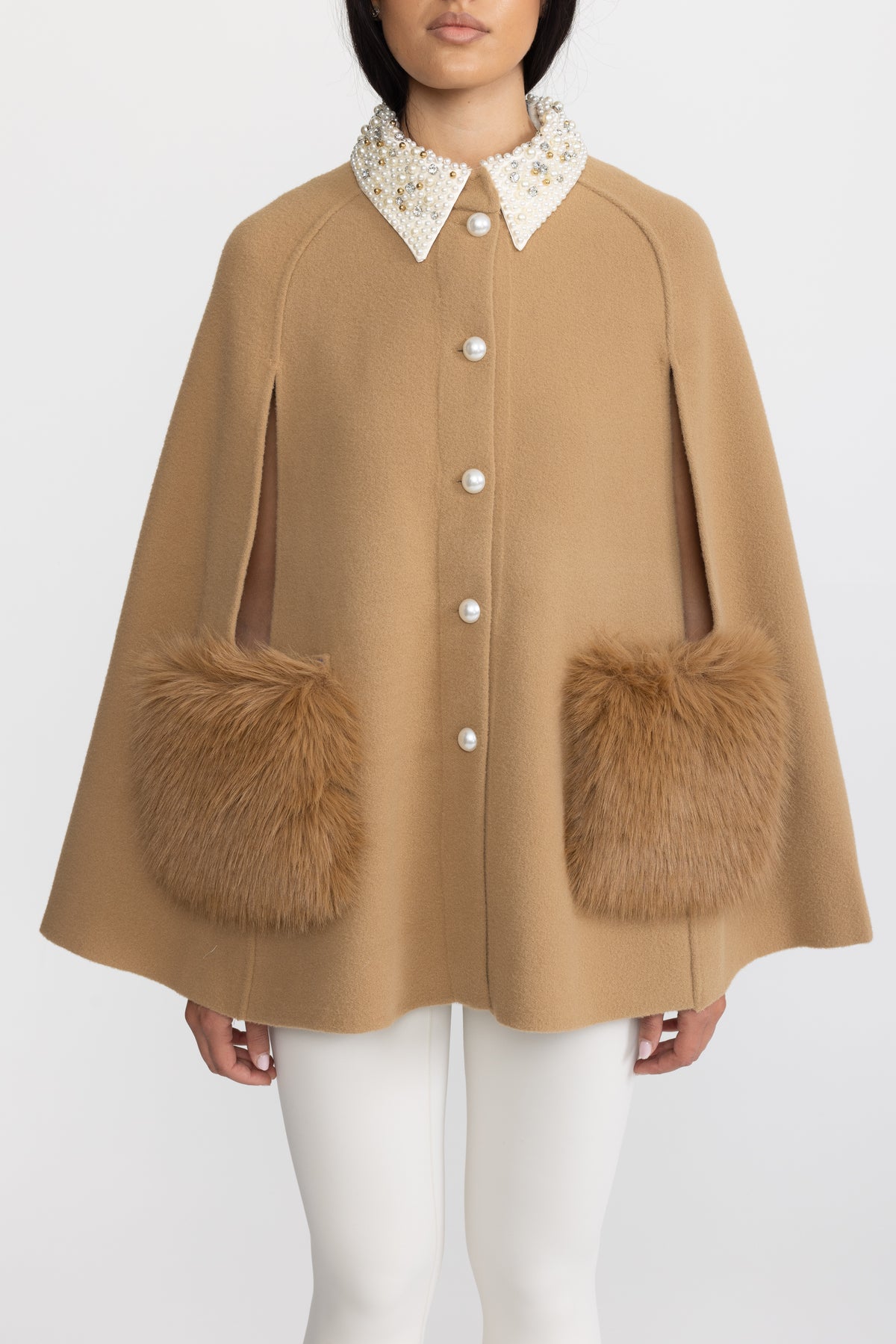 Pearl Embellished Collar Cape with Faux Fur Pockets - Camel