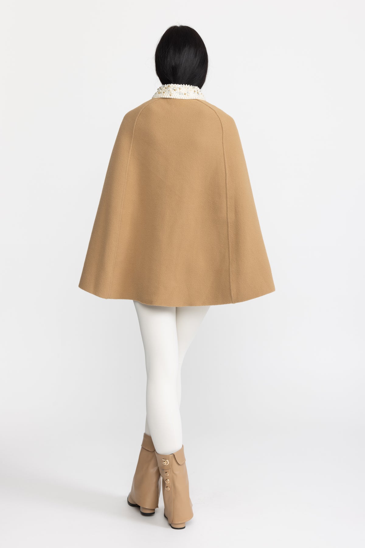 Pearl Embellished Collar Cape with Faux Fur Pockets - Camel