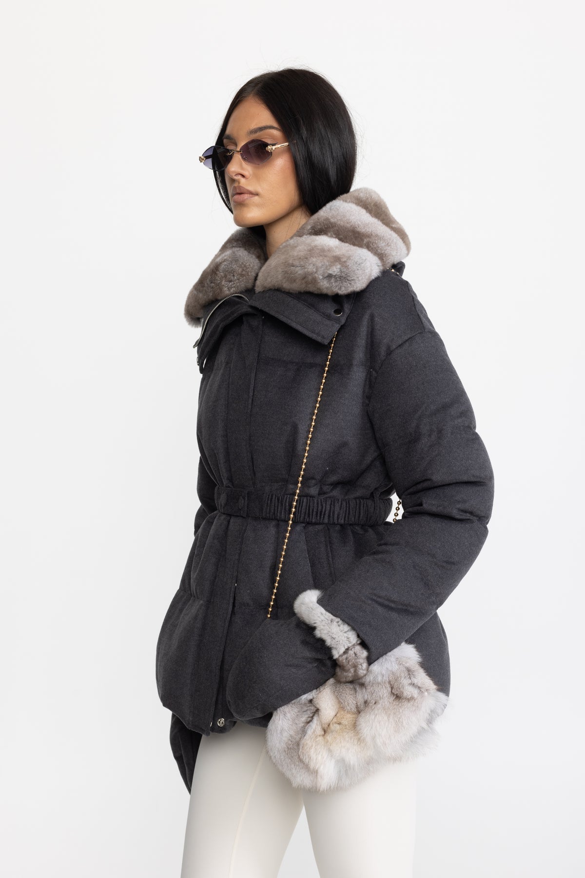 Doudoune en coton-soie avec col en fourrure de lapin Rex - Anthracite 