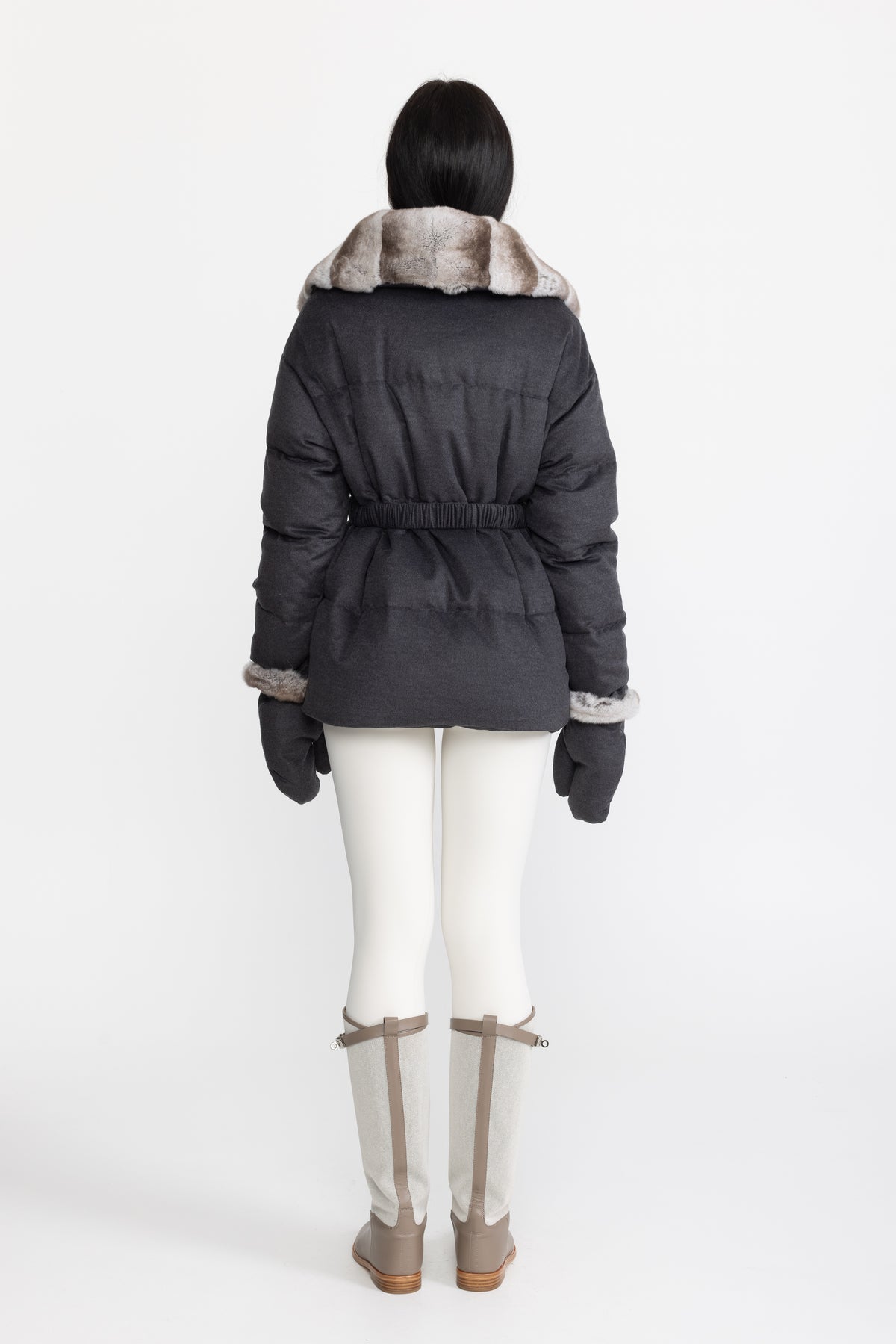 Doudoune en coton-soie avec col en fourrure de lapin Rex - Anthracite 