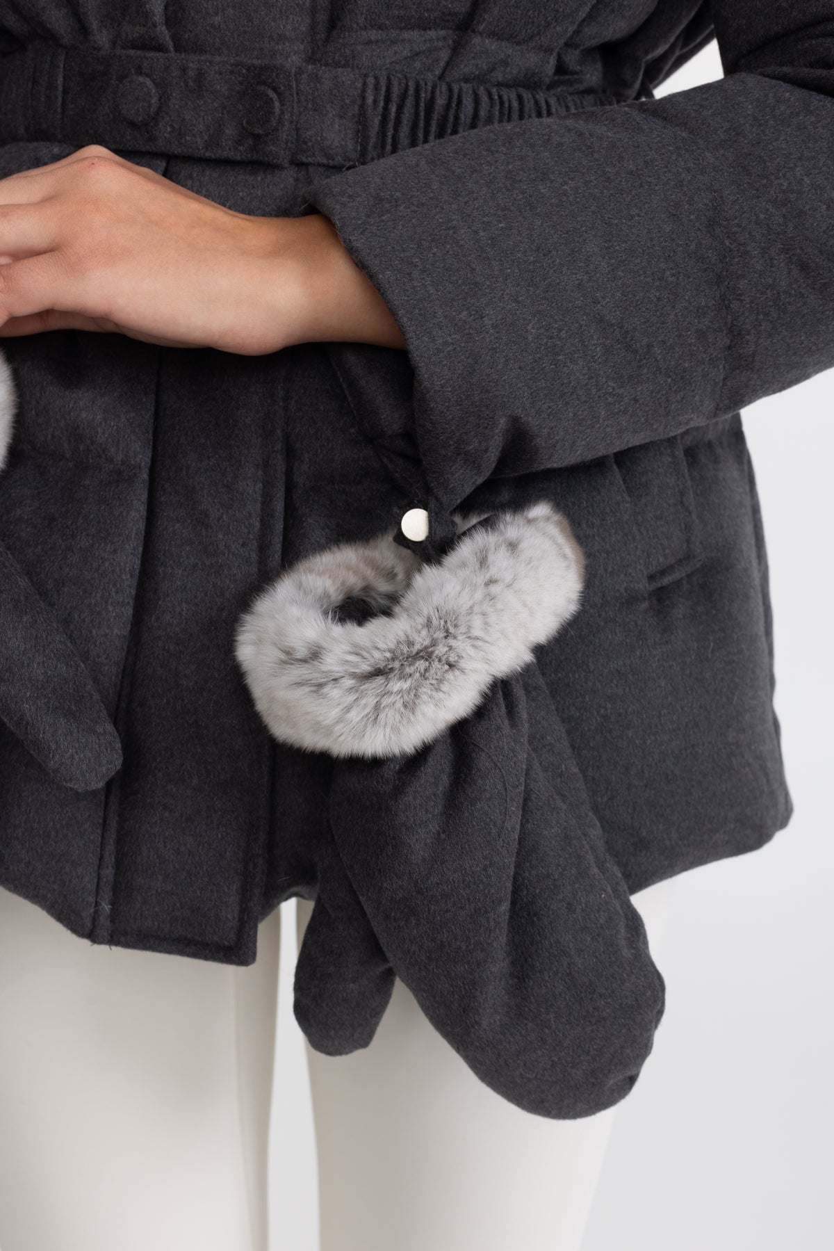 Doudoune en coton-soie avec col en fourrure de lapin Rex - Anthracite 