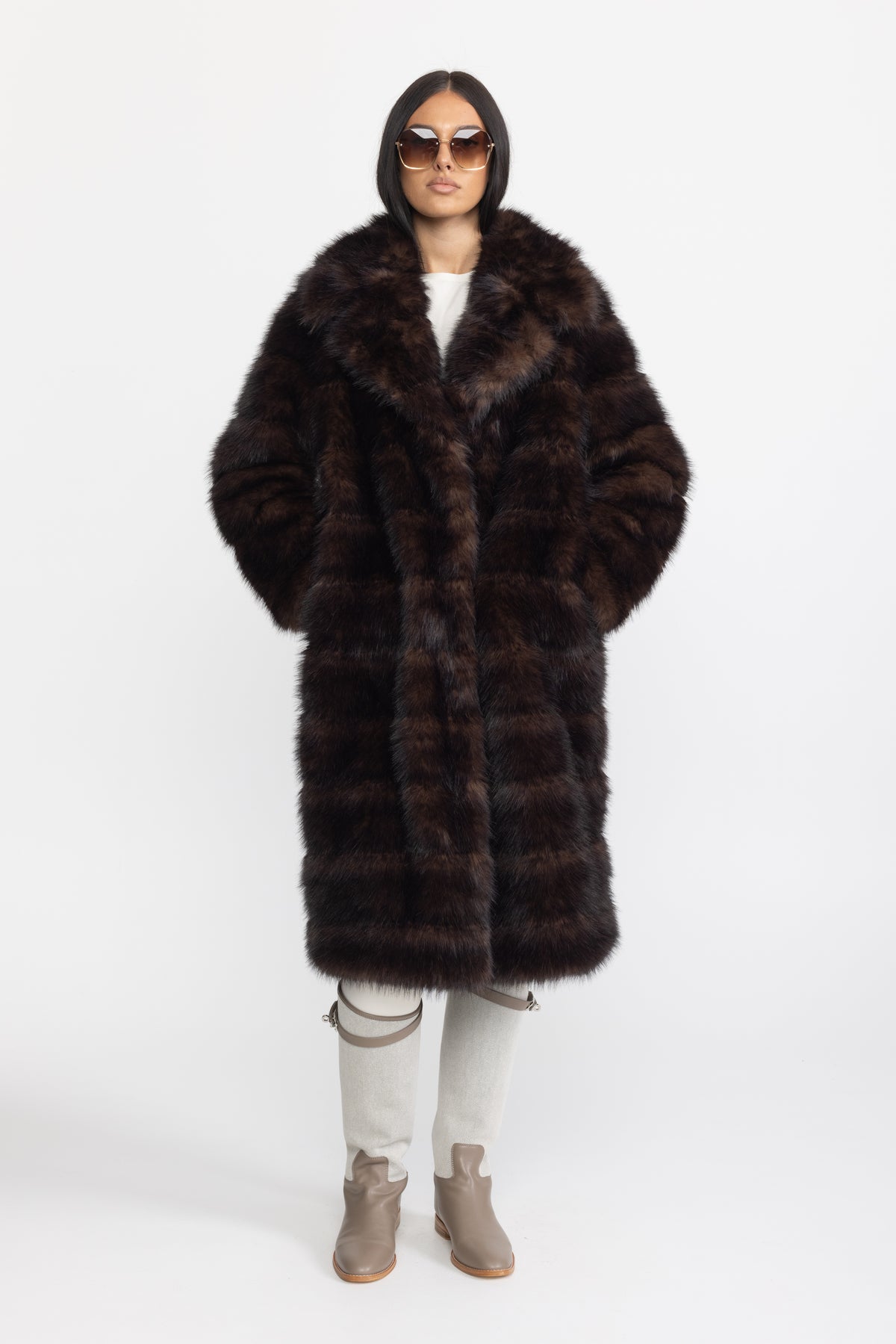 Fur-Effect Panelled Longline Coat - Chocolate