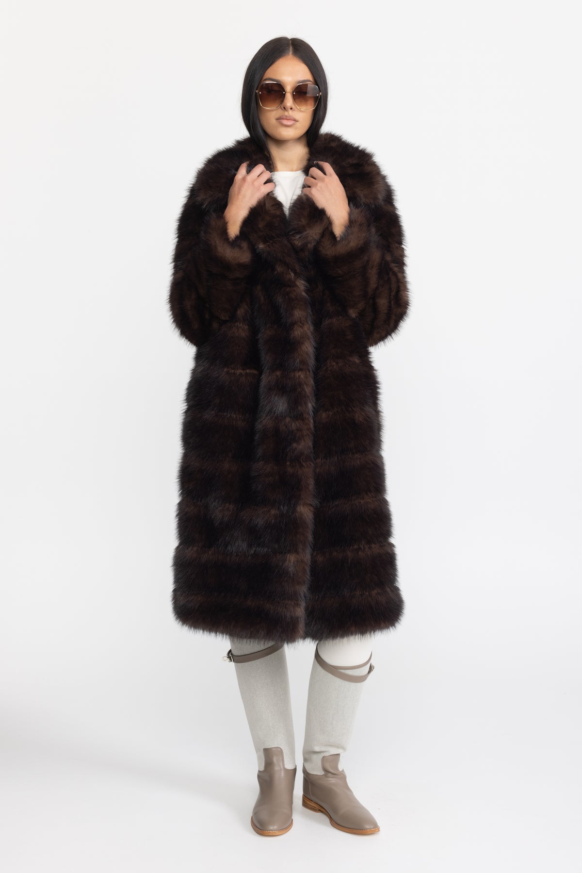 Fur-Effect Panelled Longline Coat - Chocolate