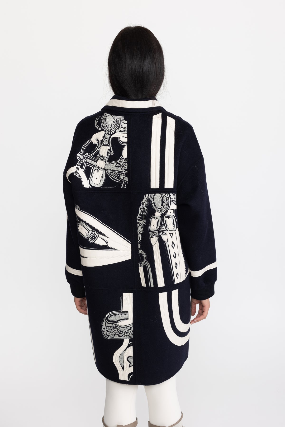 Manteau zippé en laine brodée à appliqué équestre - marine 