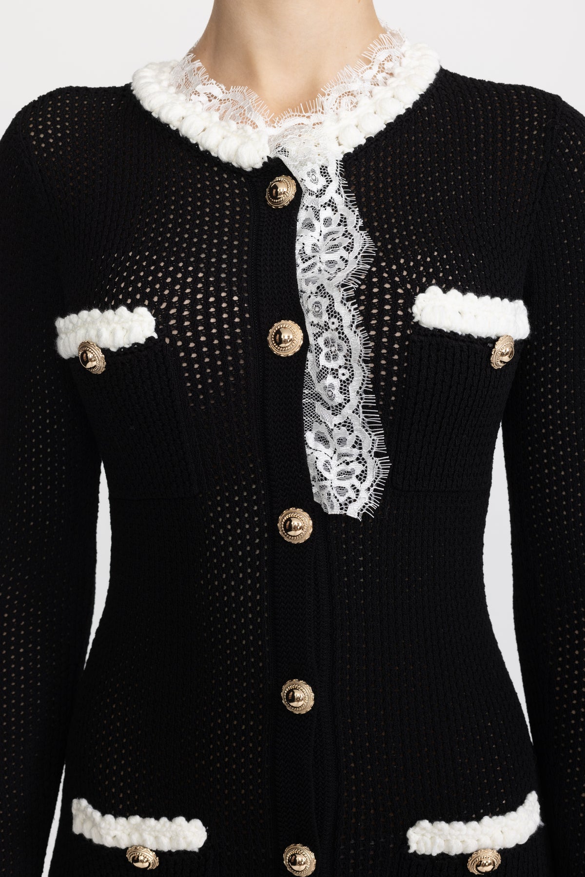 Robe midi en maille pointelle à boutons sur le devant et finitions en dentelle - Noir 