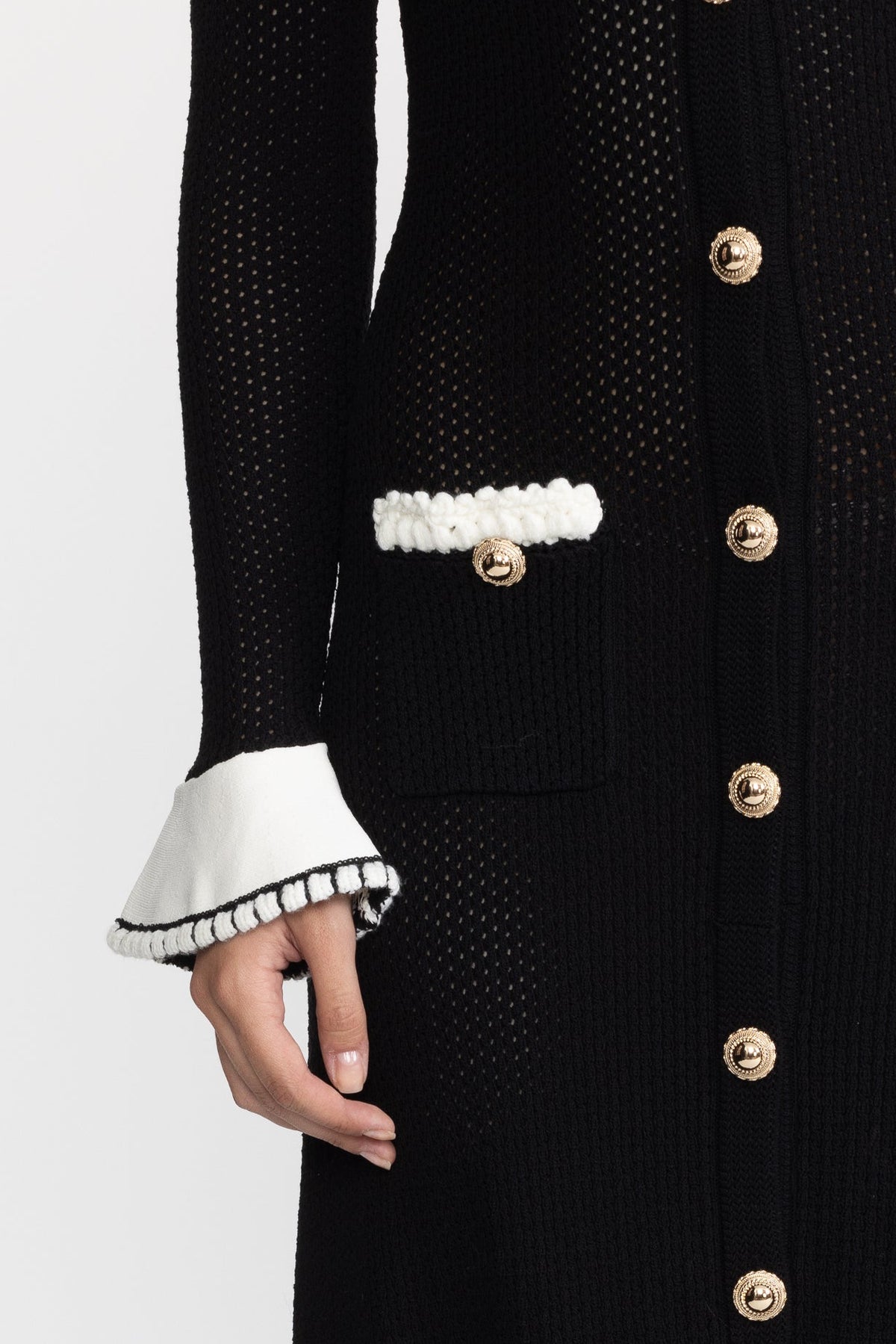 Robe midi en maille pointelle à boutons sur le devant et finitions en dentelle - Noir 