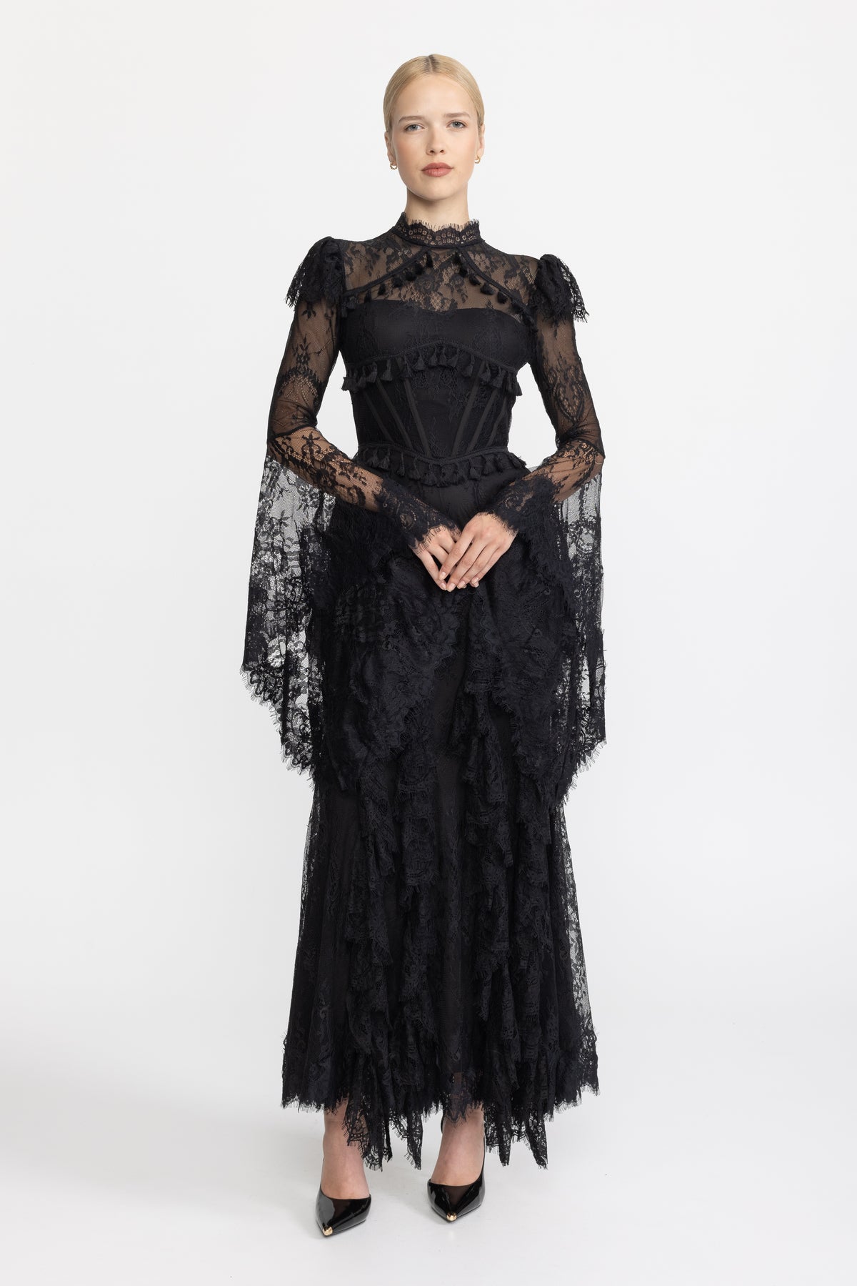 Tassel Trim Lace Corset Bell Sleeve Maxi Dress - Black