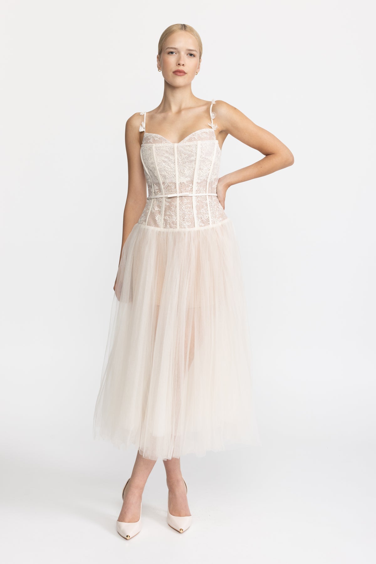 Robe midi en tulle à corset en dentelle - Beige 