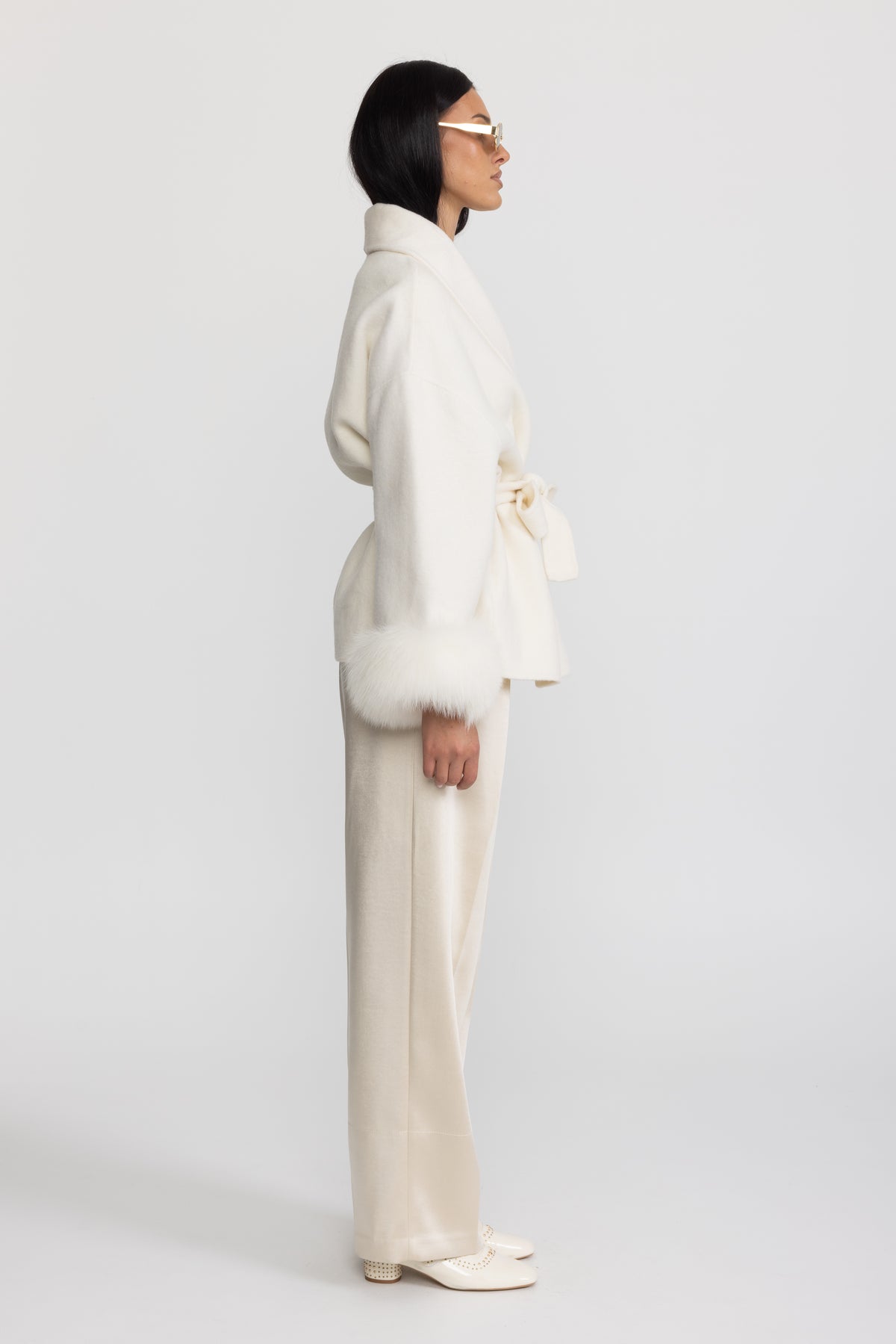 Wool Blend Wrap Jacket with Fox Fur Cuffs - Ivoire