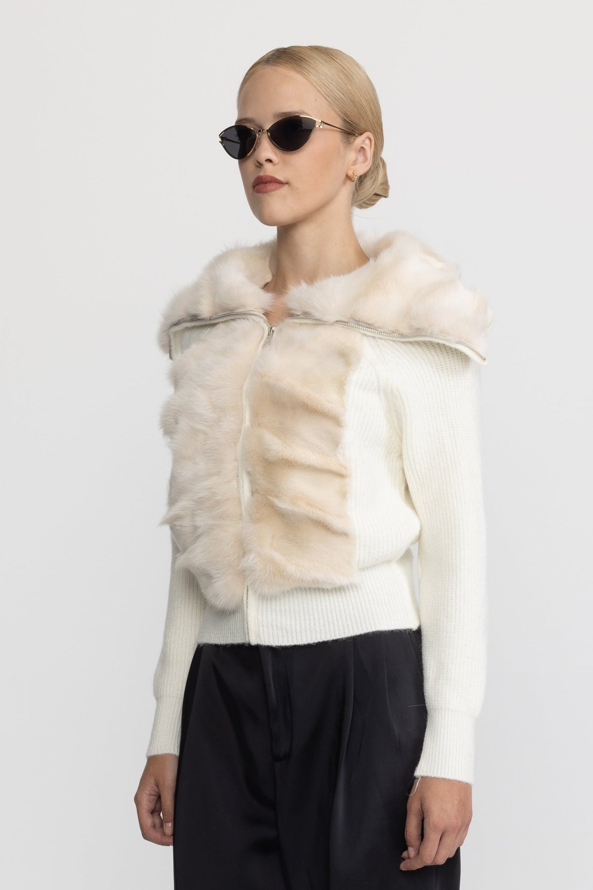 Cardigan zippé en maille à empiècement en fourrure de lapin - Ivoire 