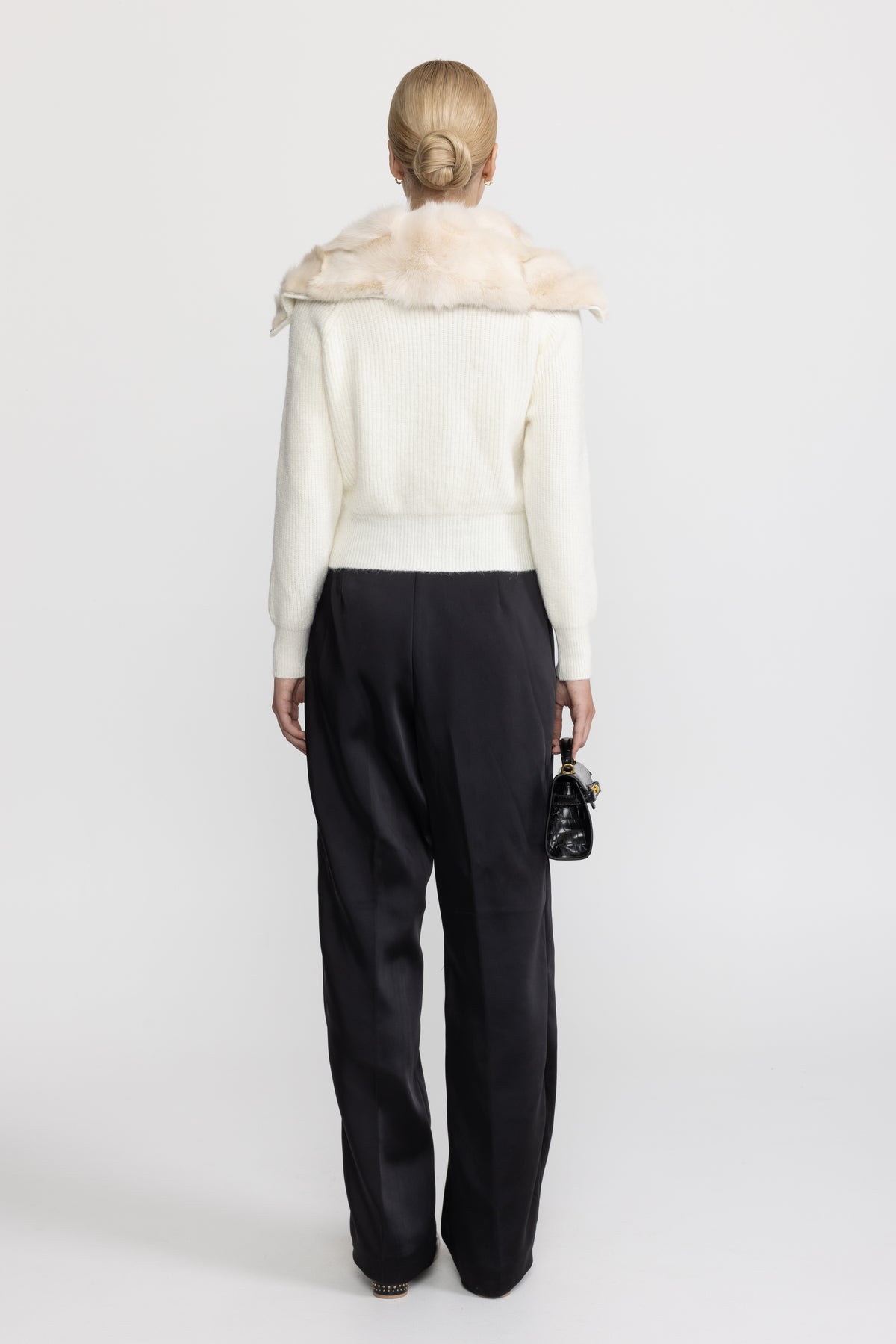 Cardigan zippé en maille à empiècement en fourrure de lapin - Ivoire 