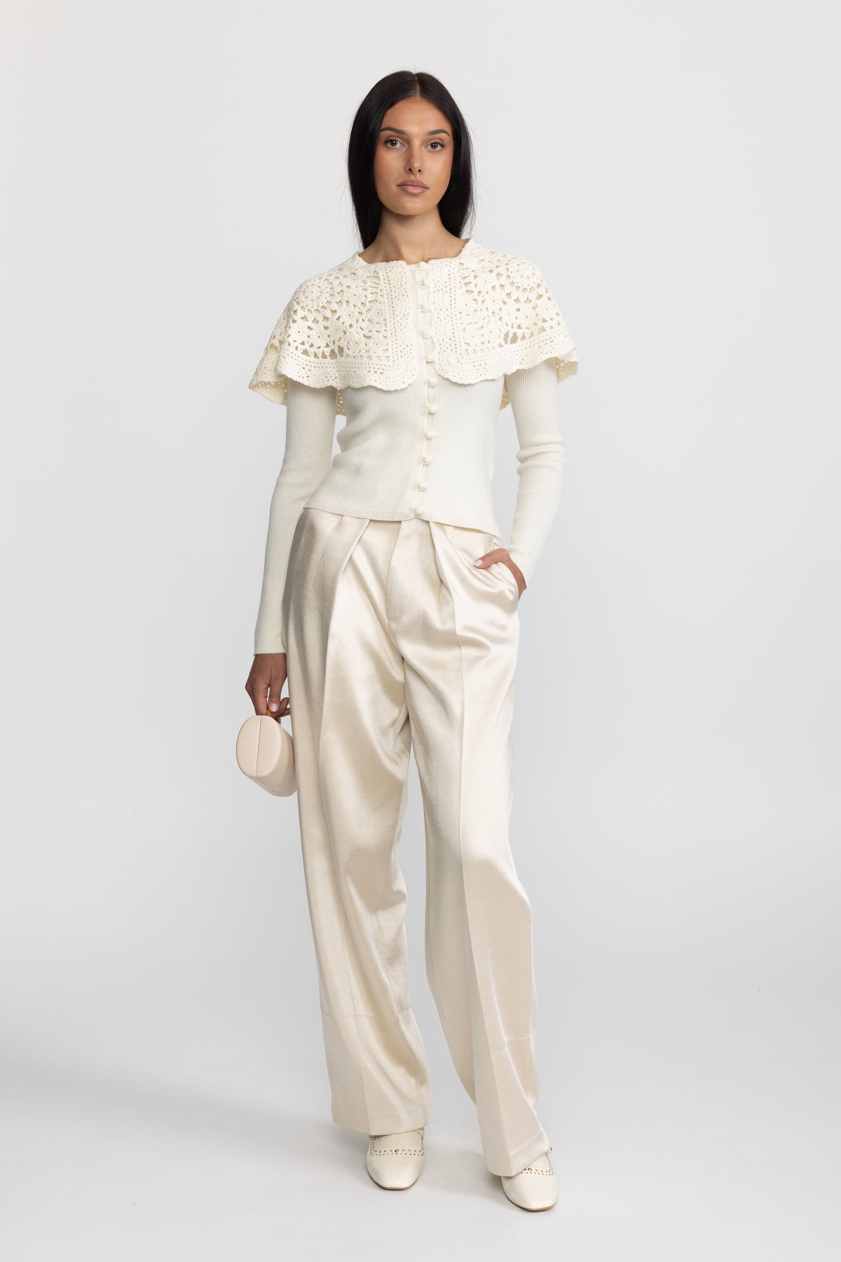 Cardigan en maille côtelée à col capelet crocheté - Ivoire 