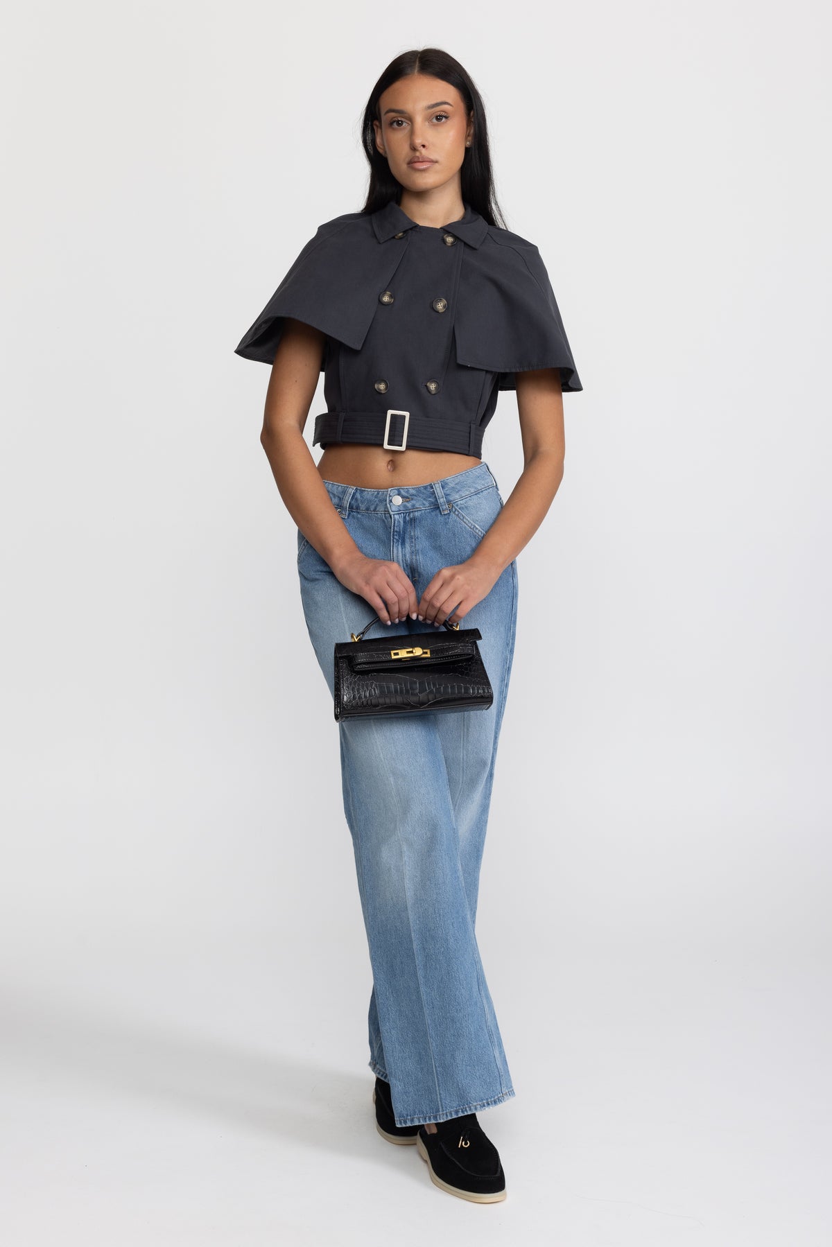 Cape-top trench cropped avec ceinture - bleu marine 