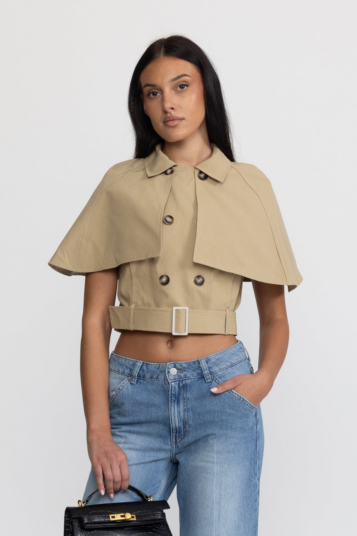 Cropped Trench Cape Top with Belt - Khaki
