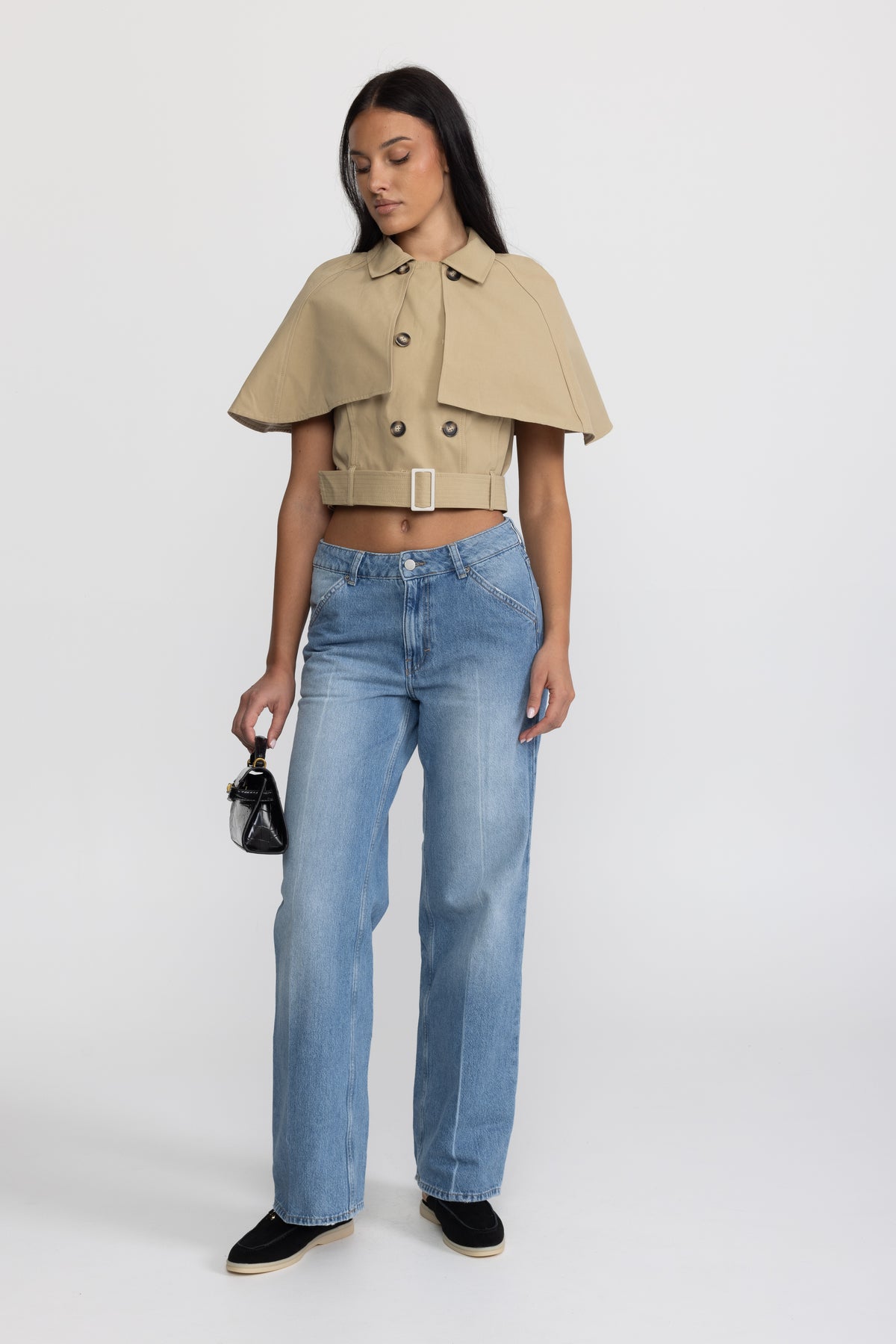 Cropped Trench Cape Top with Belt - Khaki