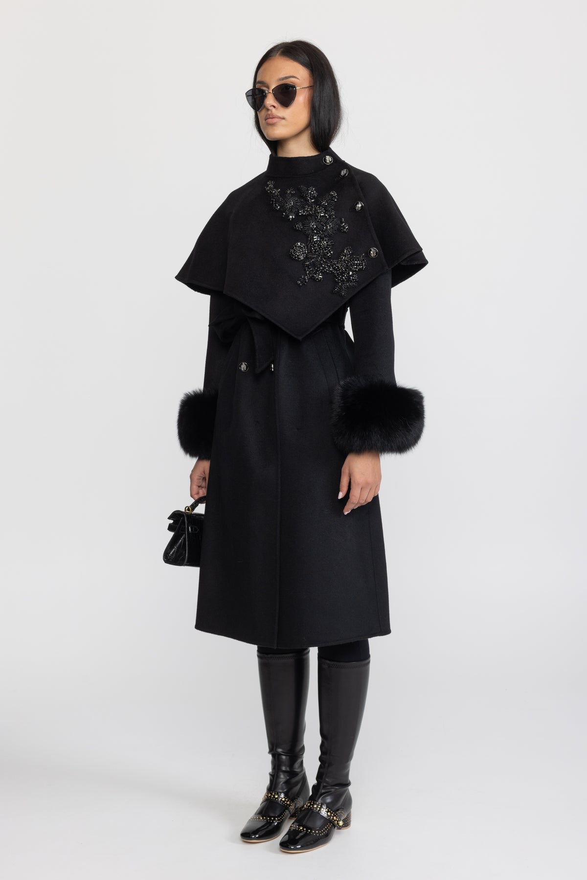 Embellished Capelet Wool Coat with Fox Fur Cuffs - Black