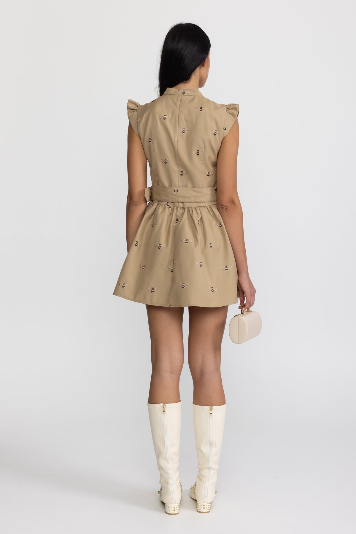Robe mini en coton brodé d’abeilles avec ceinture - kaki 