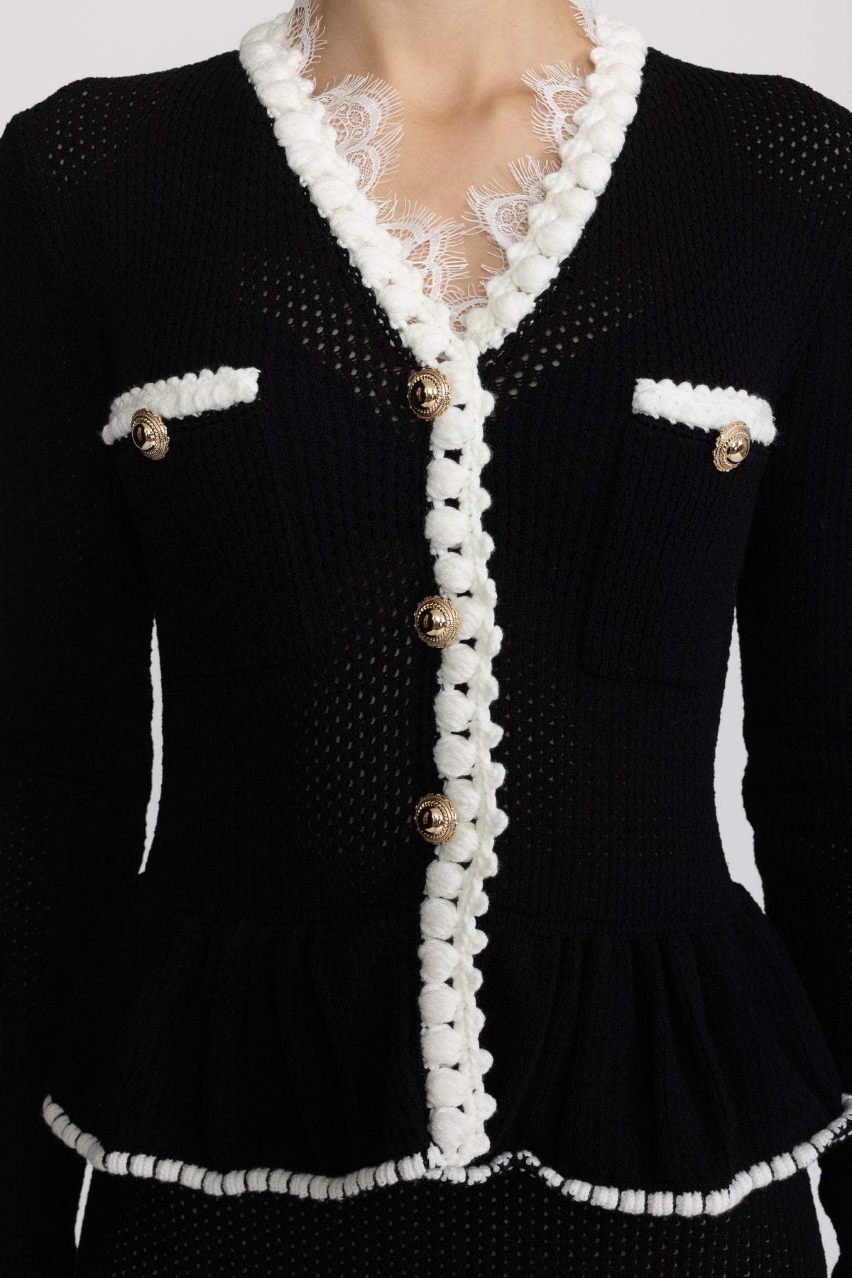 Robe longue à basque en maille crochetée bordée de dentelle - Noir 