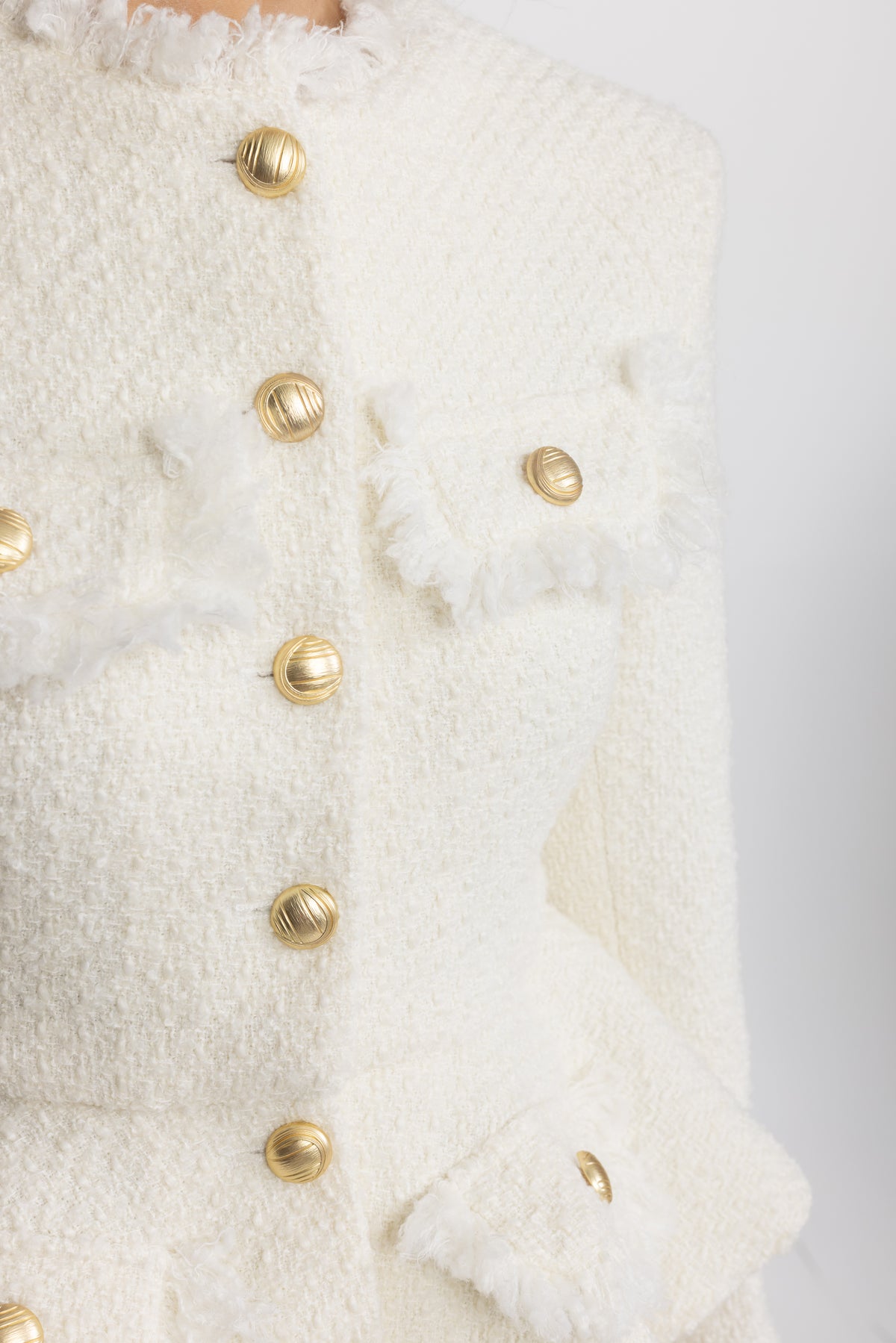Frayed Trim Tweed Peplum Jacket - Ivoire