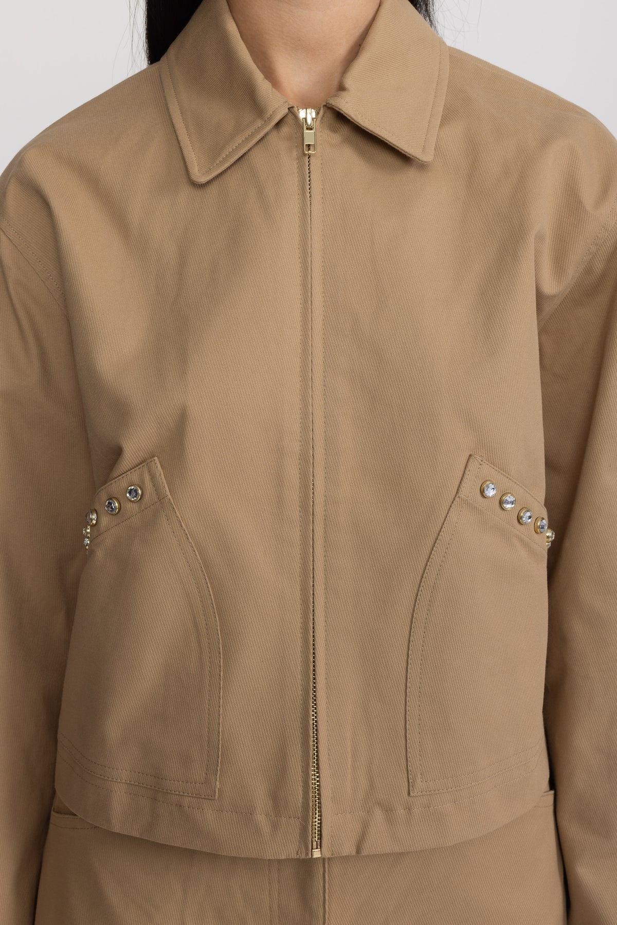 Veste zippée courte en canvas à clous cristal - kaki 