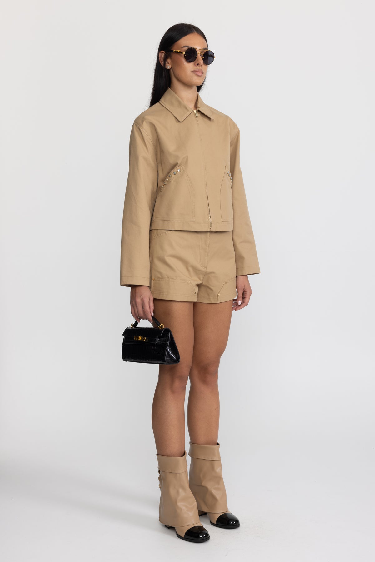 Veste zippée courte en canvas à clous cristal - kaki 