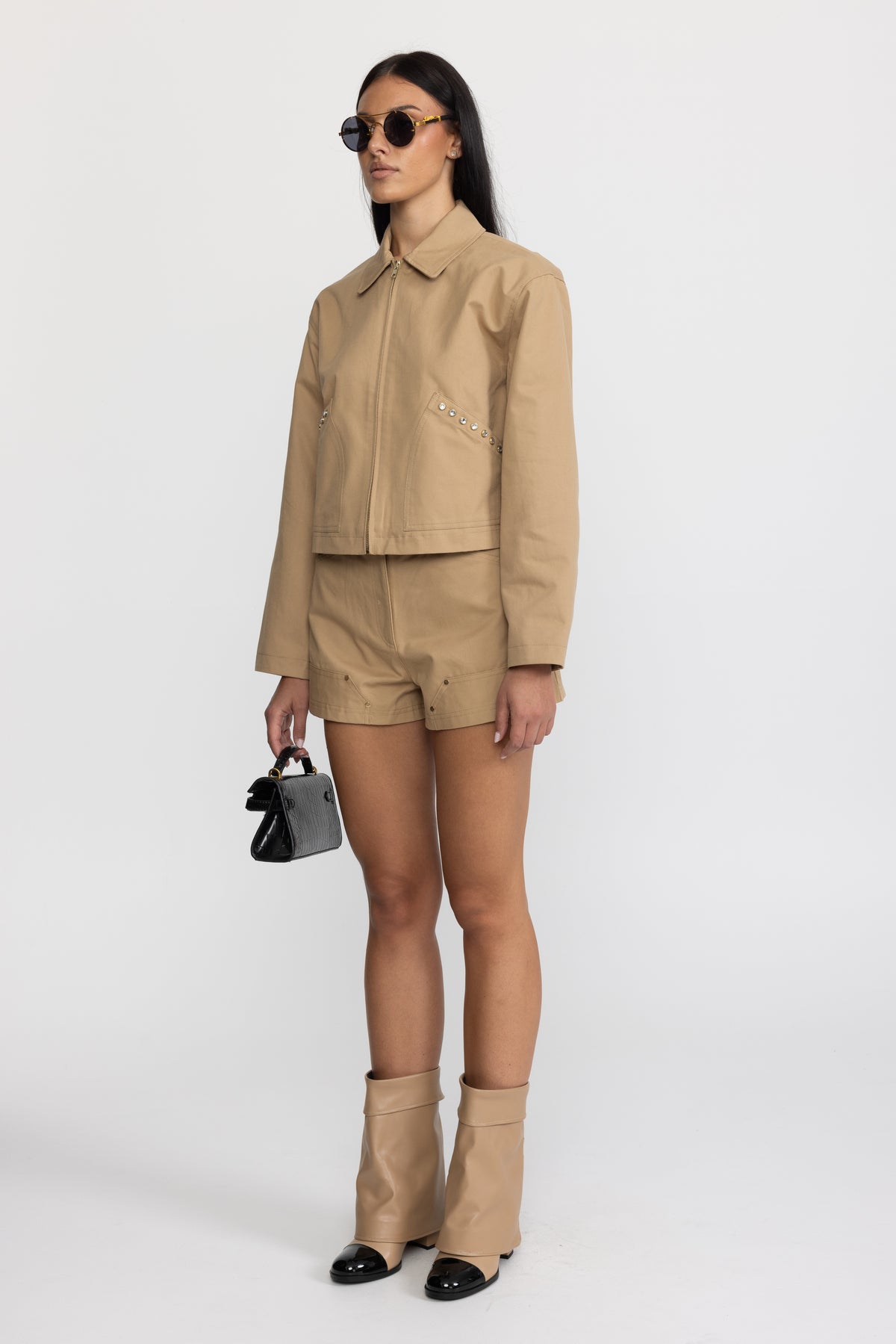 Veste zippée courte en canvas à clous cristal - kaki 