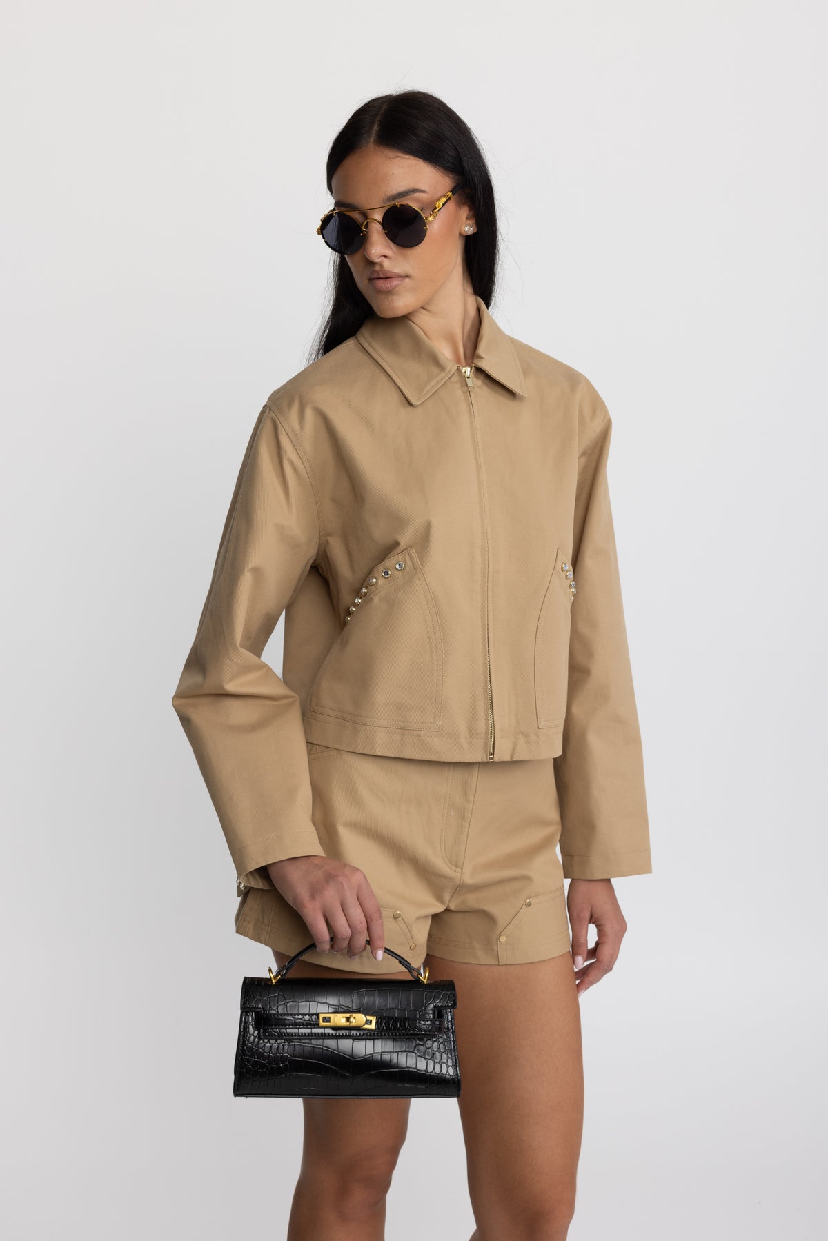 Veste zippée courte en canvas à clous cristal - kaki 