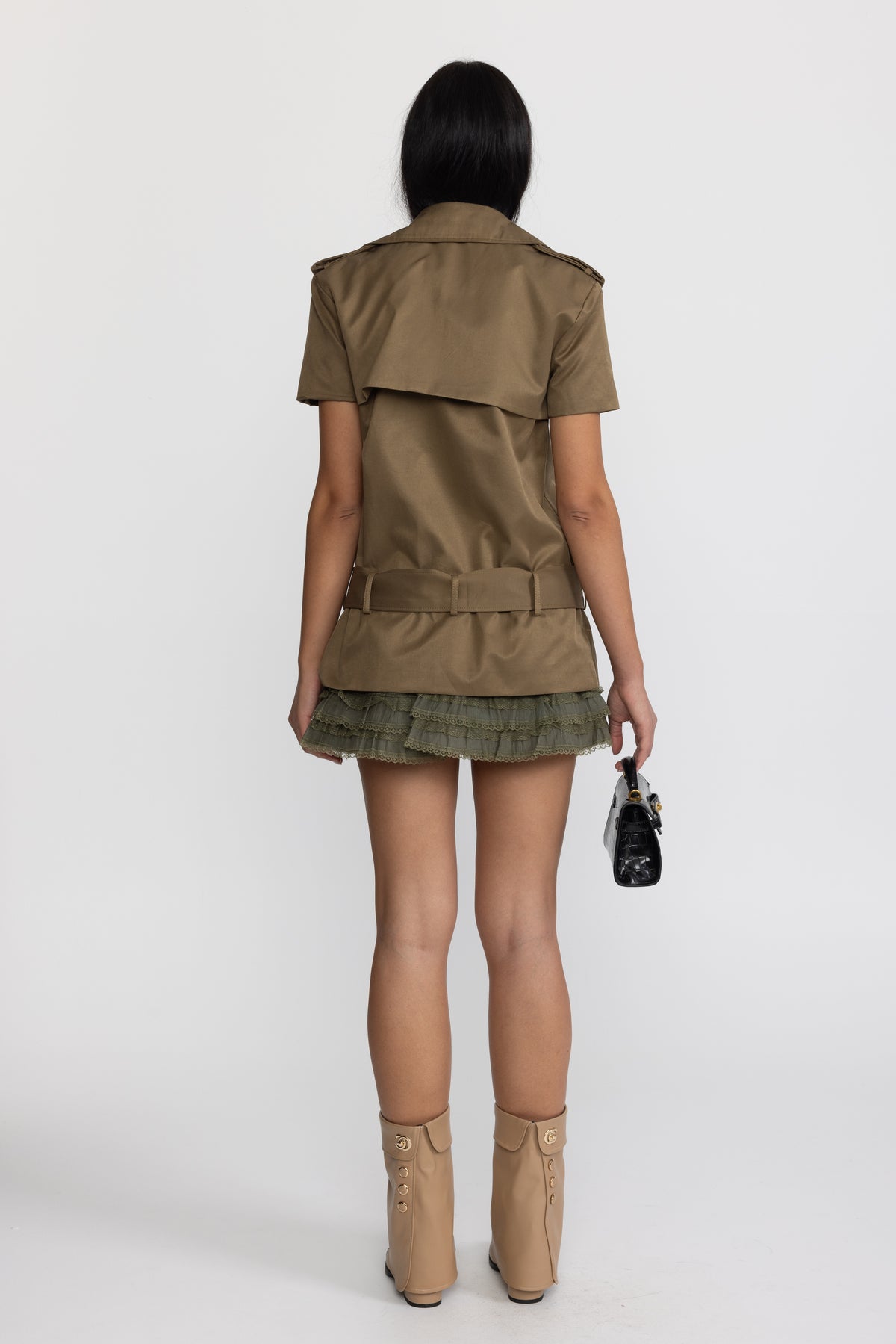 Ensemble coordonné top trench et mini-jupe à ourlet volanté - Olive 