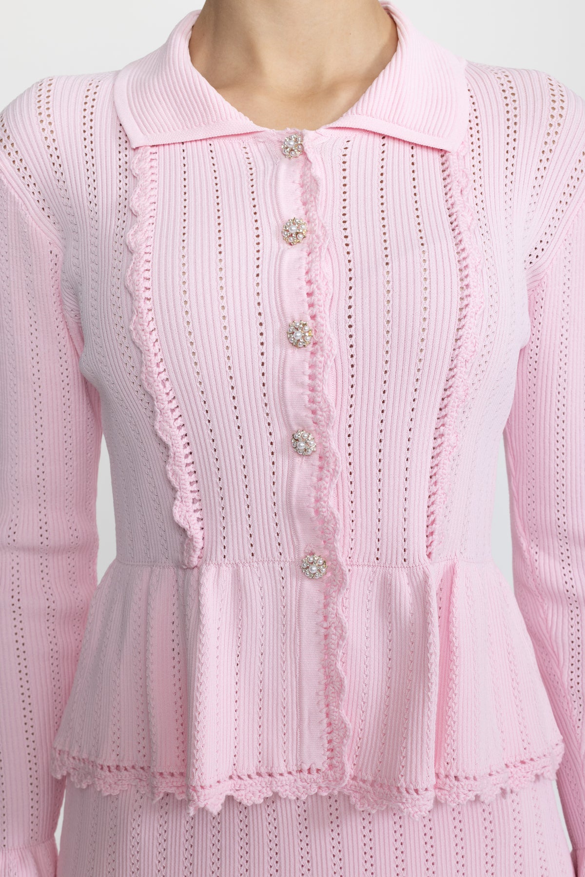 Ensemble coordonné cardigan péplum en maille pointelle et jupe à ourlet en dentelle - Rose 