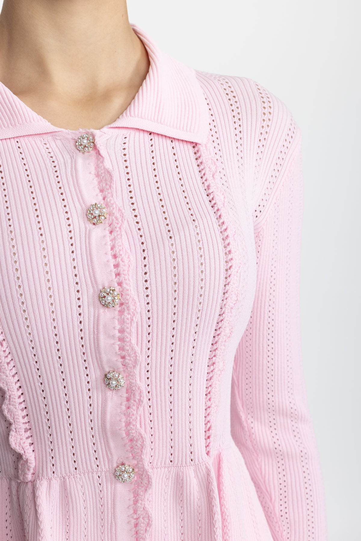 Ensemble coordonné cardigan péplum en maille pointelle et jupe à ourlet en dentelle - Rose 