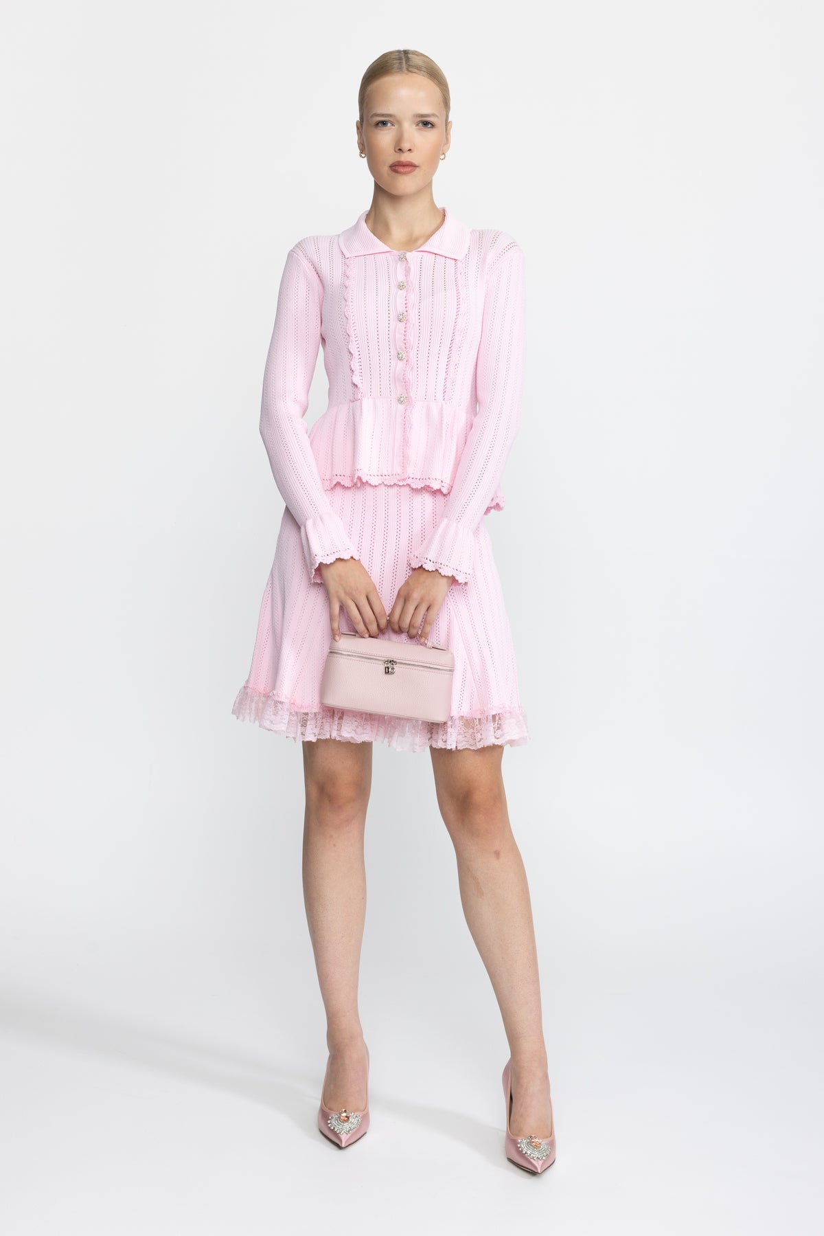 Ensemble coordonné cardigan péplum en maille pointelle et jupe à ourlet en dentelle - Rose 
